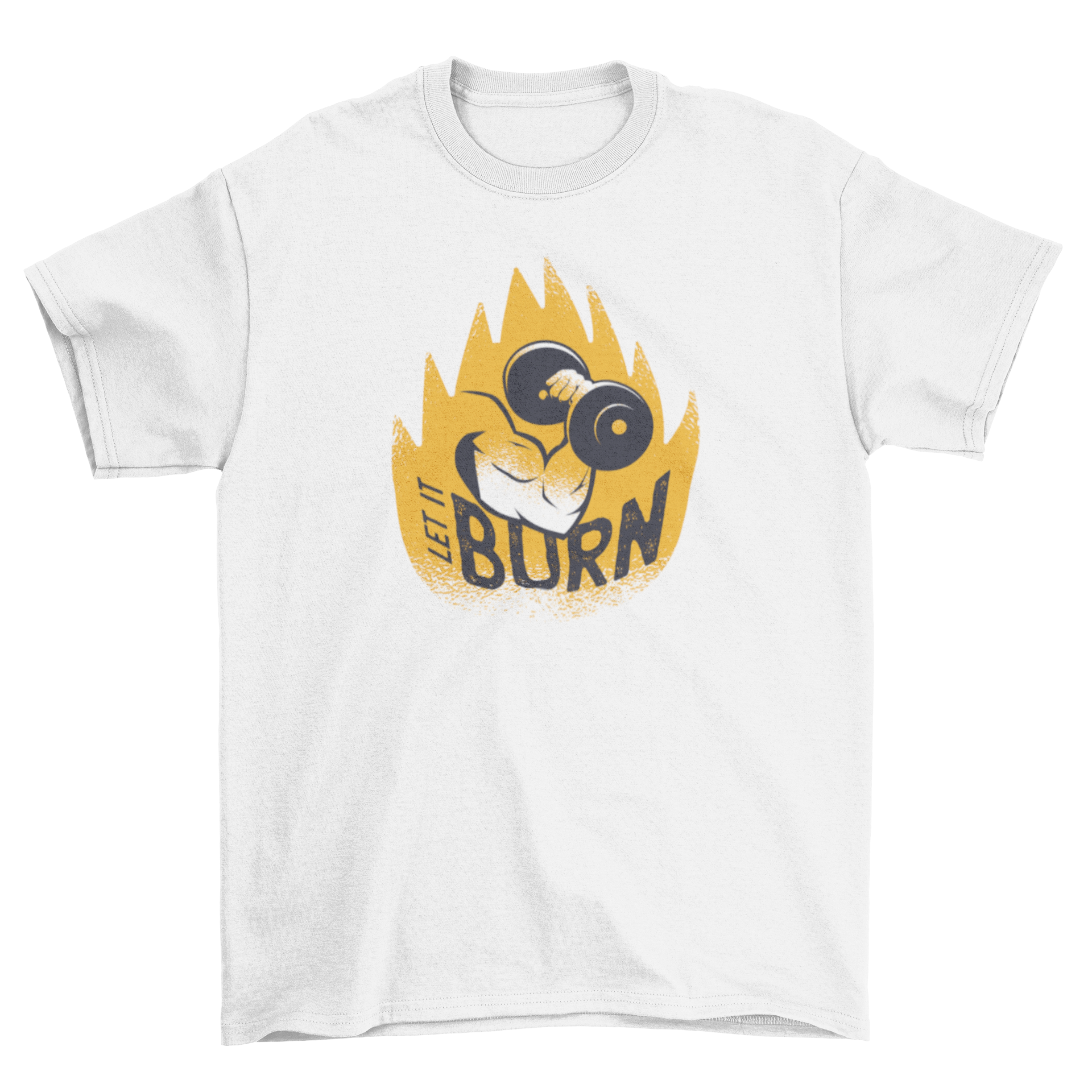 Fitness-themed t-shirt design featuring a muscular arm holding a dumbbell with the caption 'Let It Burn'.