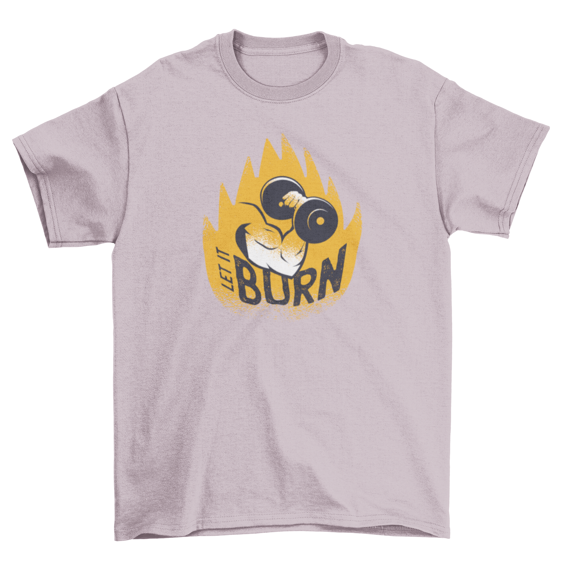 Fitness-themed t-shirt design featuring a muscular arm holding a dumbbell with the caption 'Let It Burn'.