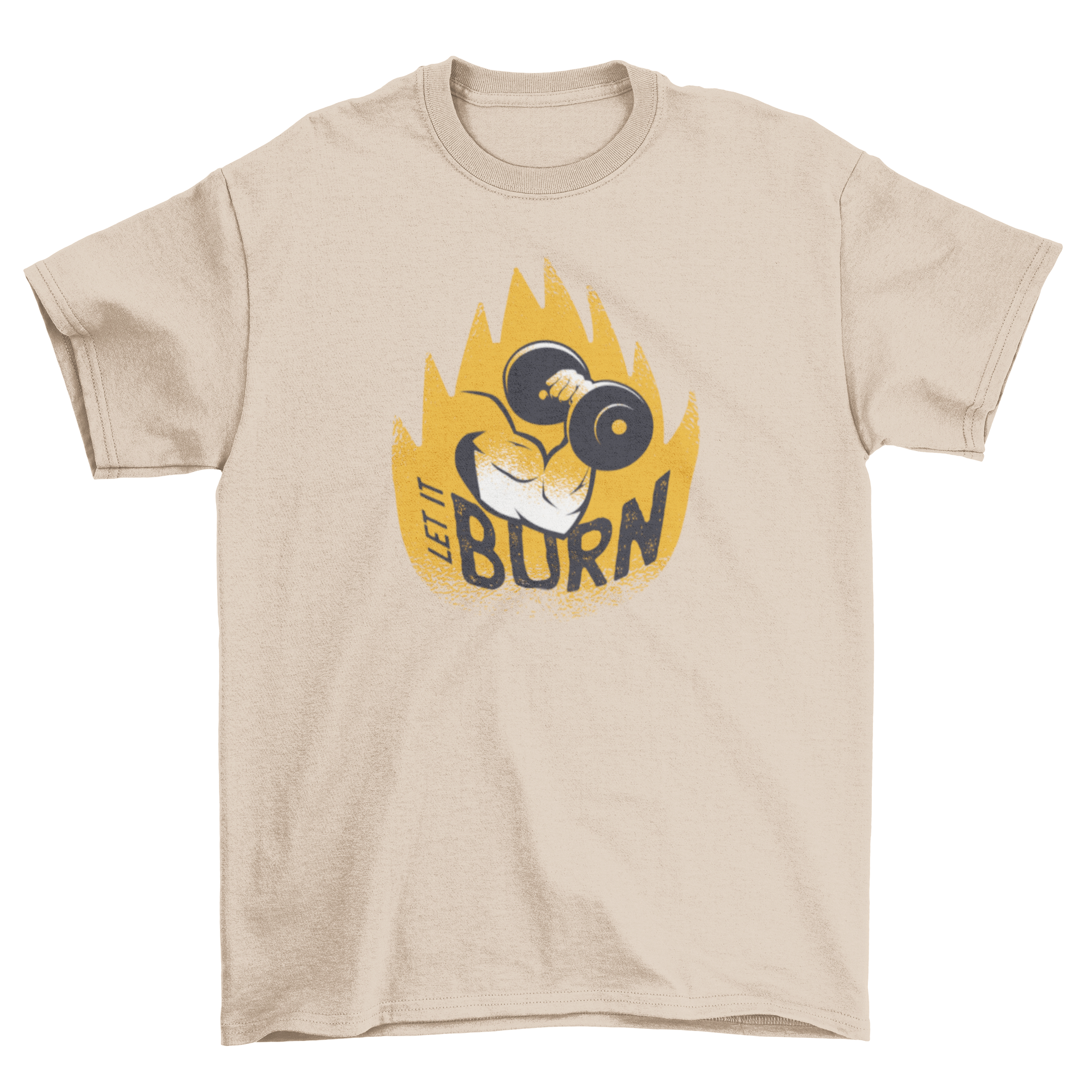 Fitness-themed t-shirt design featuring a muscular arm holding a dumbbell with the caption 'Let It Burn'.