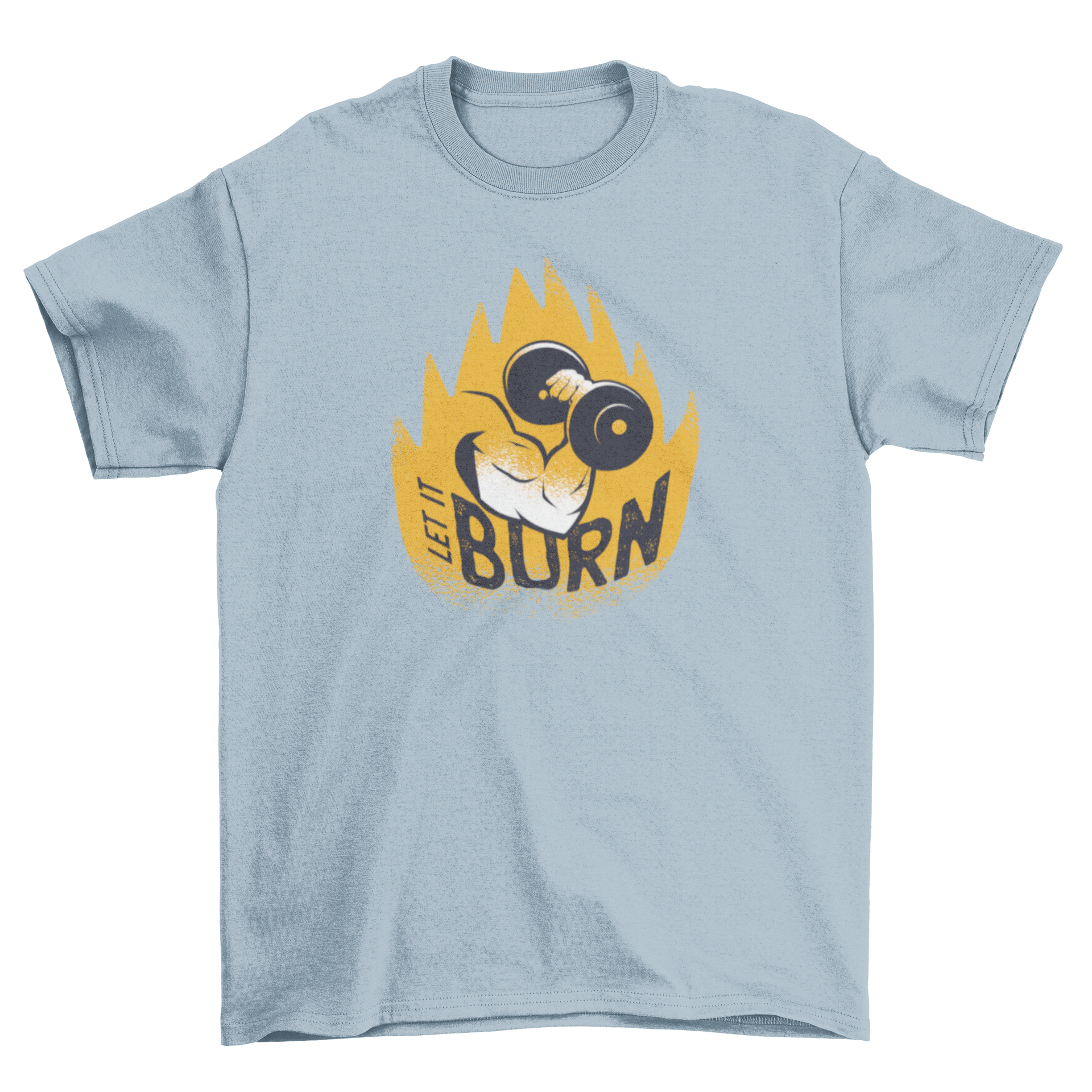 Fitness-themed t-shirt design featuring a muscular arm holding a dumbbell with the caption 'Let It Burn'.