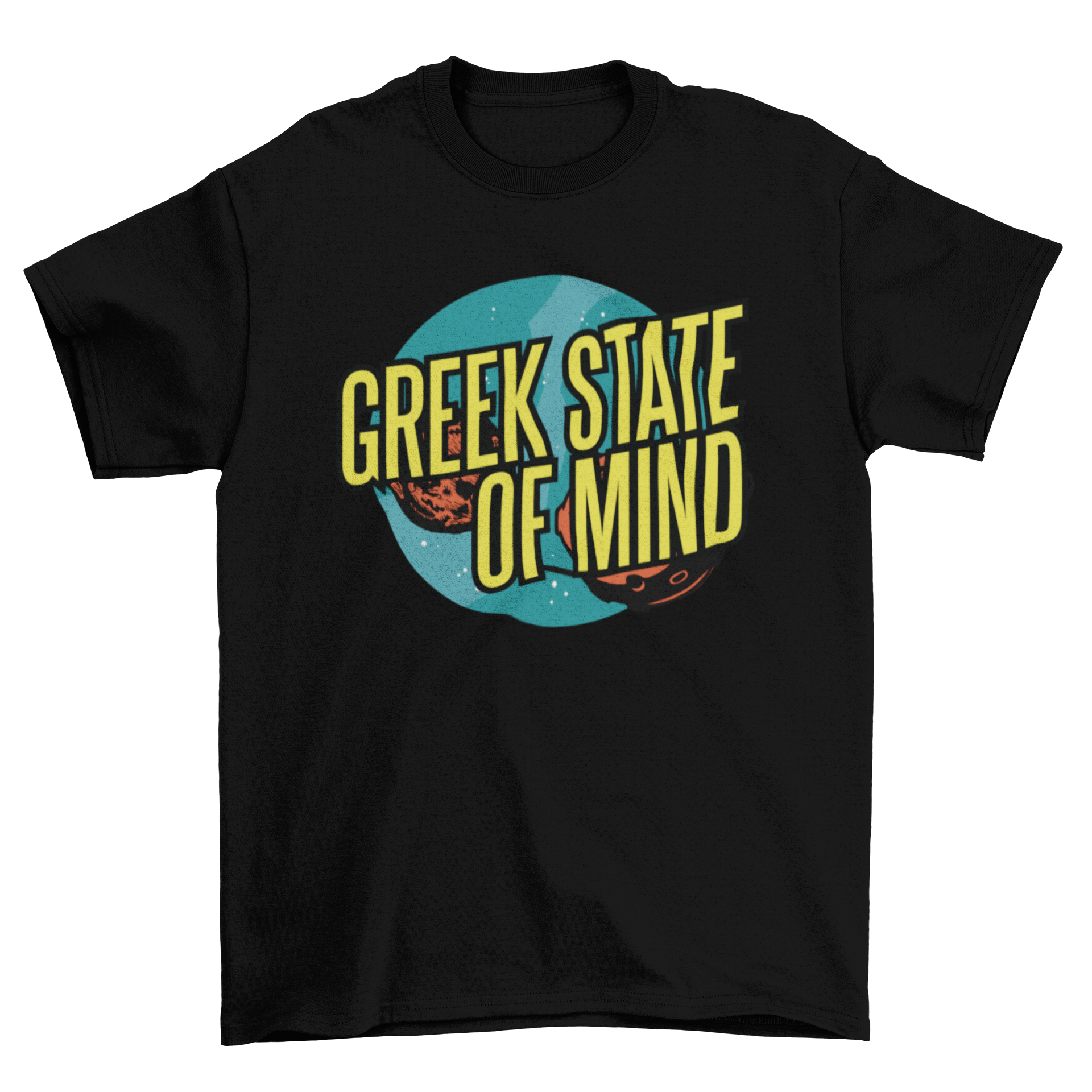 A stylish t-shirt featuring the phrase 'GREEK STATE OF MIND' in bold lettering, perfect for casual wear.