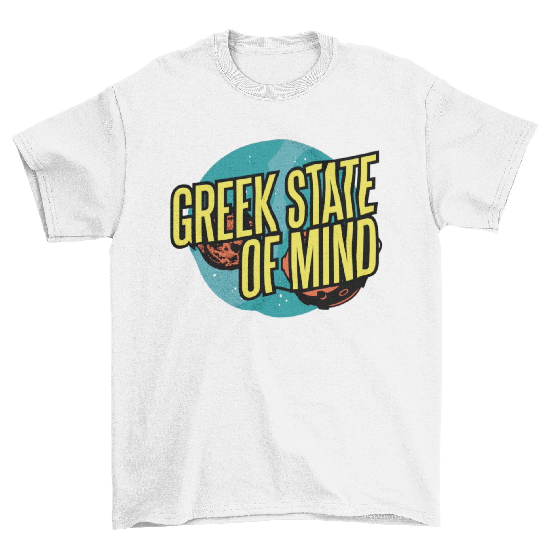 A stylish t-shirt featuring the phrase 'GREEK STATE OF MIND' in bold lettering, perfect for casual wear.