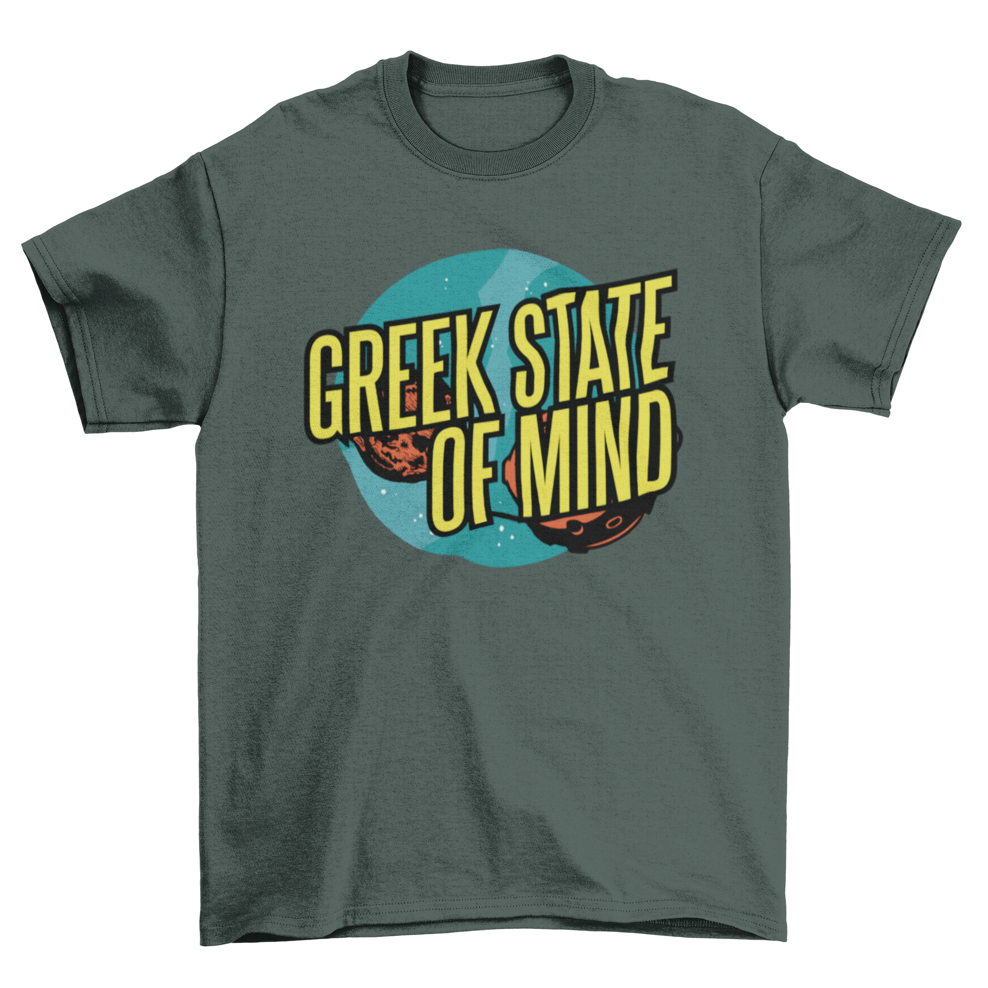 A stylish t-shirt featuring the phrase 'GREEK STATE OF MIND' in bold lettering, perfect for casual wear.