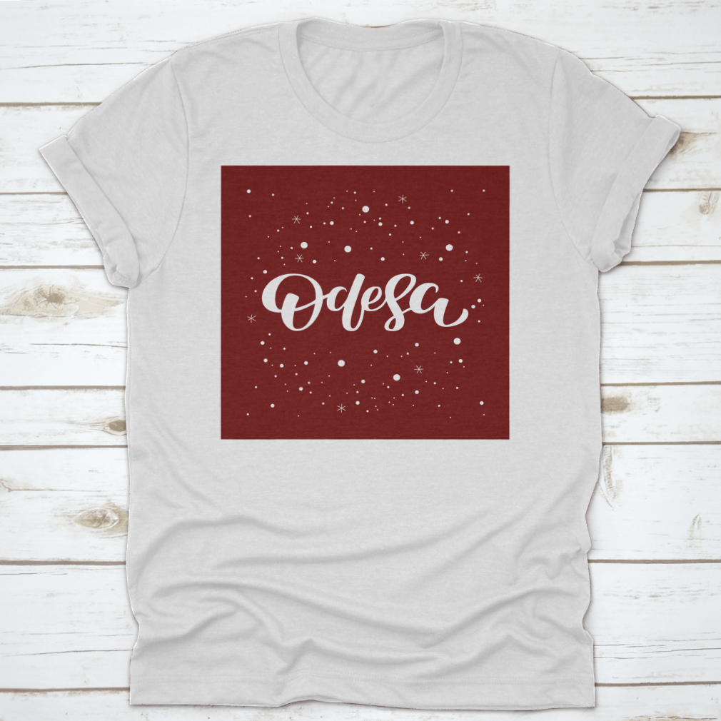 Odesa Lettering Text Design featuring a snowflake vector illustration on a comfortable cotton garment.