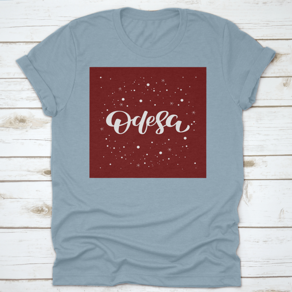 Odesa Lettering Text Design featuring a snowflake vector illustration on a comfortable cotton garment.