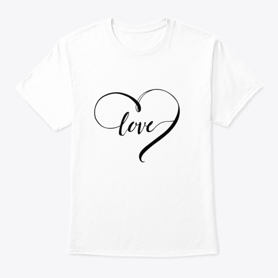 A stylish white t-shirt featuring the word 'Love' in a heart shape, designed with black letters for a romantic touch.