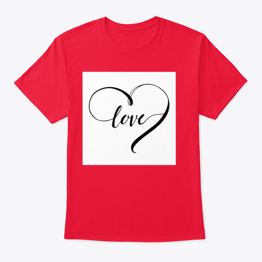 A stylish white t-shirt featuring the word 'Love' in a heart shape, designed with black letters for a romantic touch.