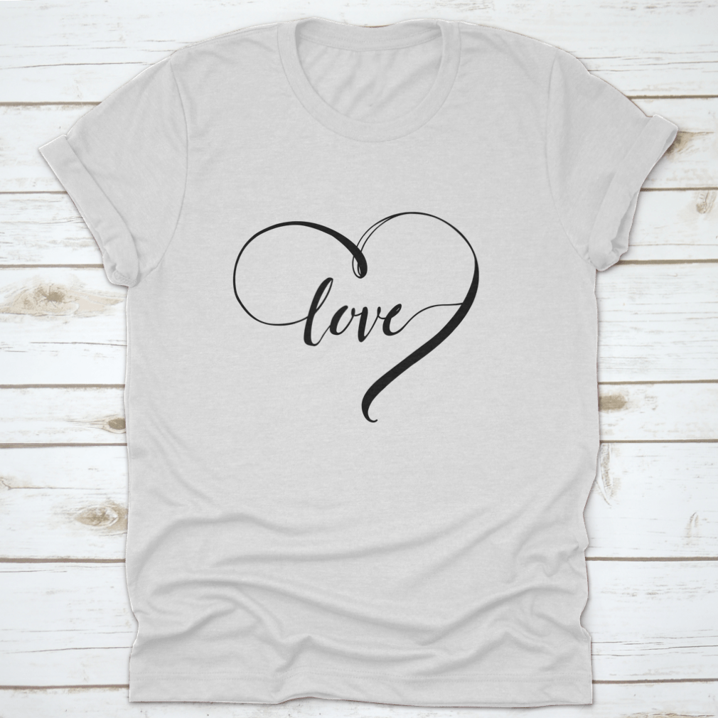 A stylish white t-shirt featuring the word 'Love' in a heart shape, designed with black letters for a romantic touch.