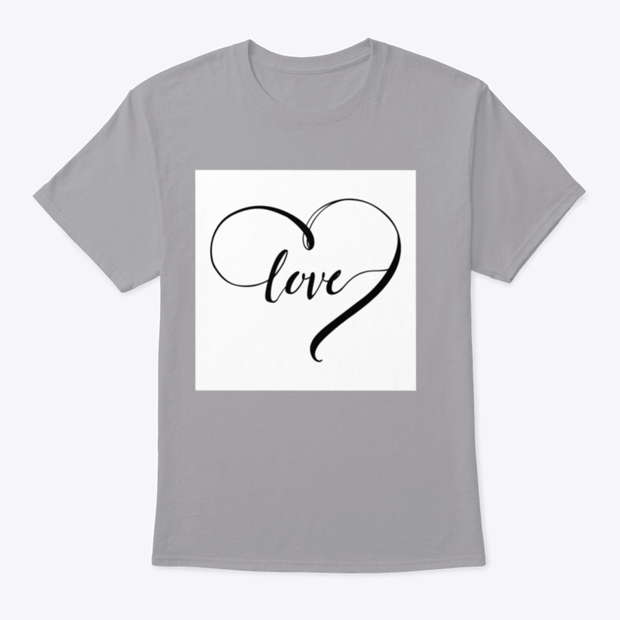 A stylish white t-shirt featuring the word 'Love' in a heart shape, designed with black letters for a romantic touch.