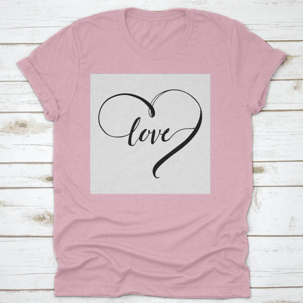 A stylish white t-shirt featuring the word 'Love' in a heart shape, designed with black letters for a romantic touch.