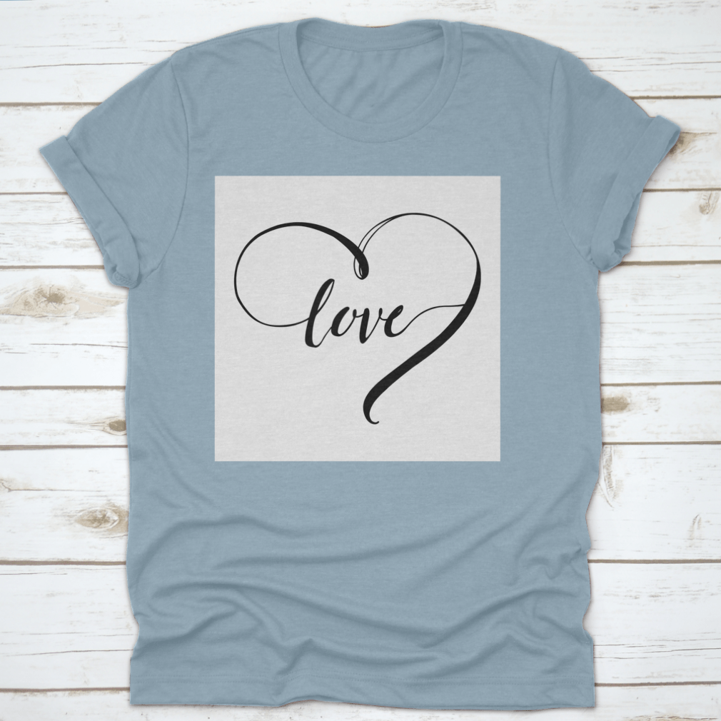 A stylish white t-shirt featuring the word 'Love' in a heart shape, designed with black letters for a romantic touch.