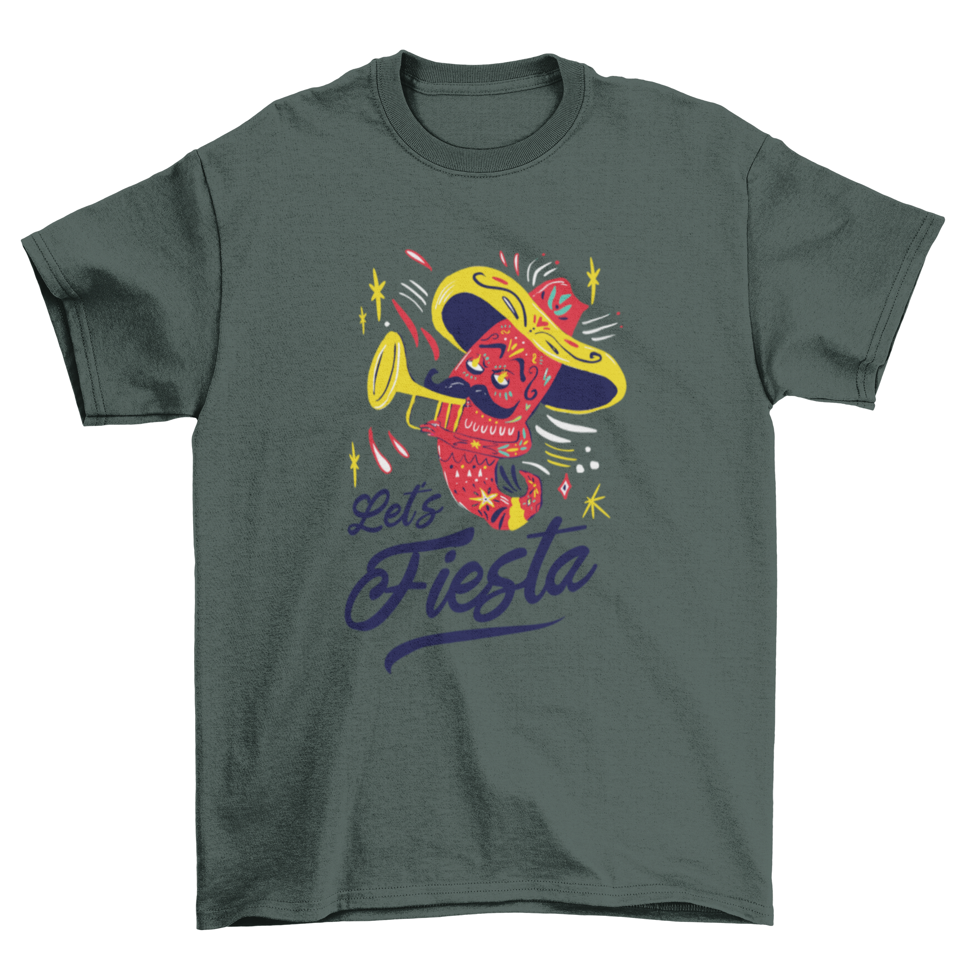 A vibrant t-shirt featuring a chili pepper graphic and the text 'Let's fiesta', perfect for Cinco de Mayo celebrations.