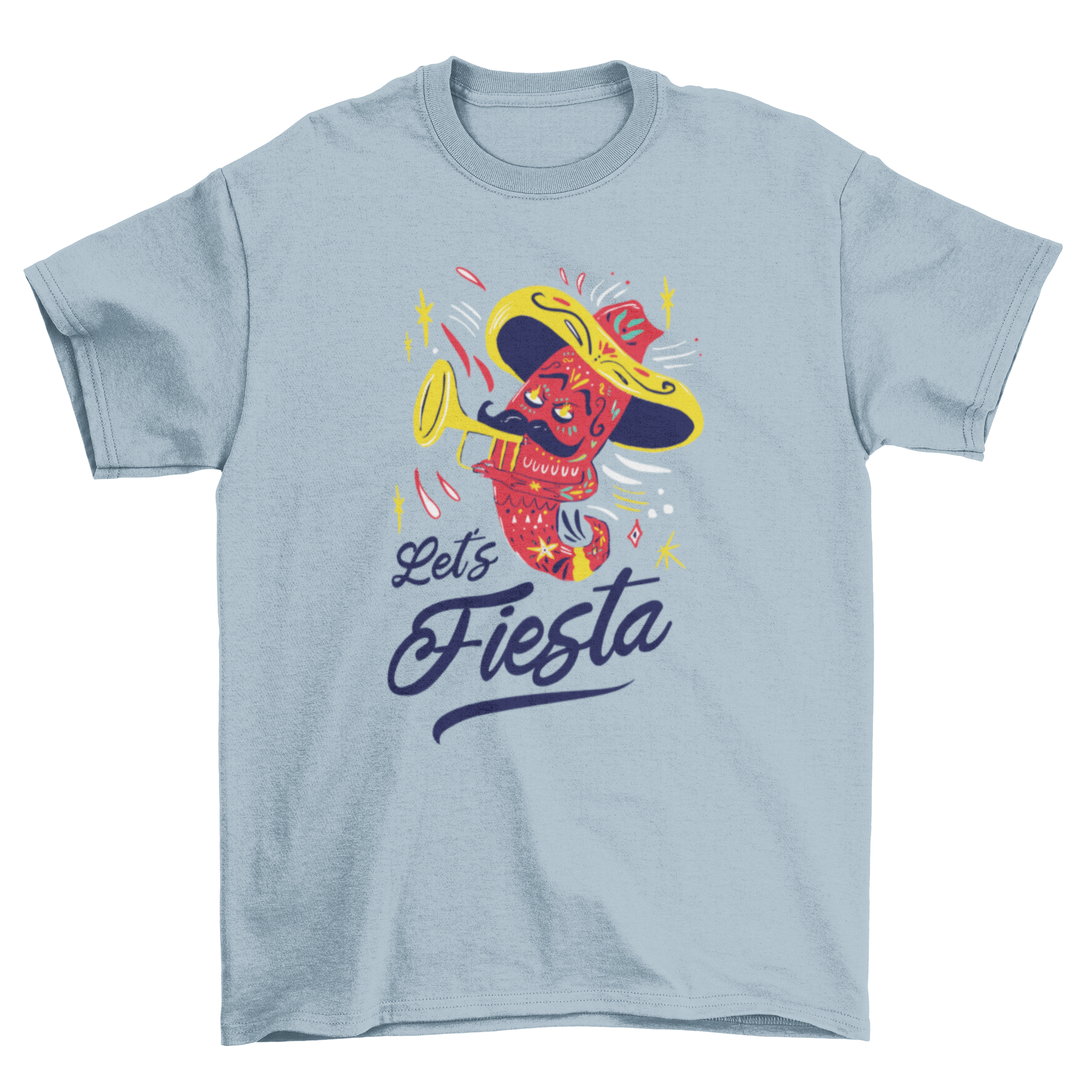 A vibrant t-shirt featuring a chili pepper graphic and the text 'Let's fiesta', perfect for Cinco de Mayo celebrations.