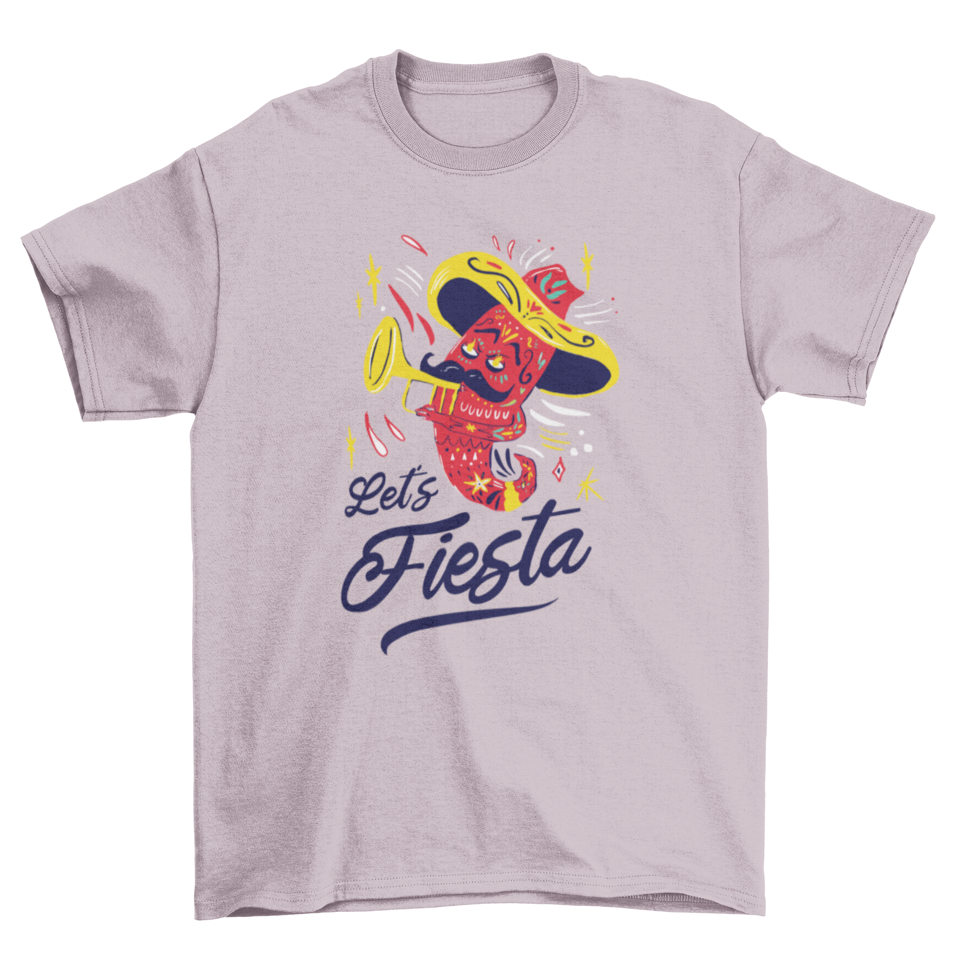 A vibrant t-shirt featuring a chili pepper graphic and the text 'Let's fiesta', perfect for Cinco de Mayo celebrations.