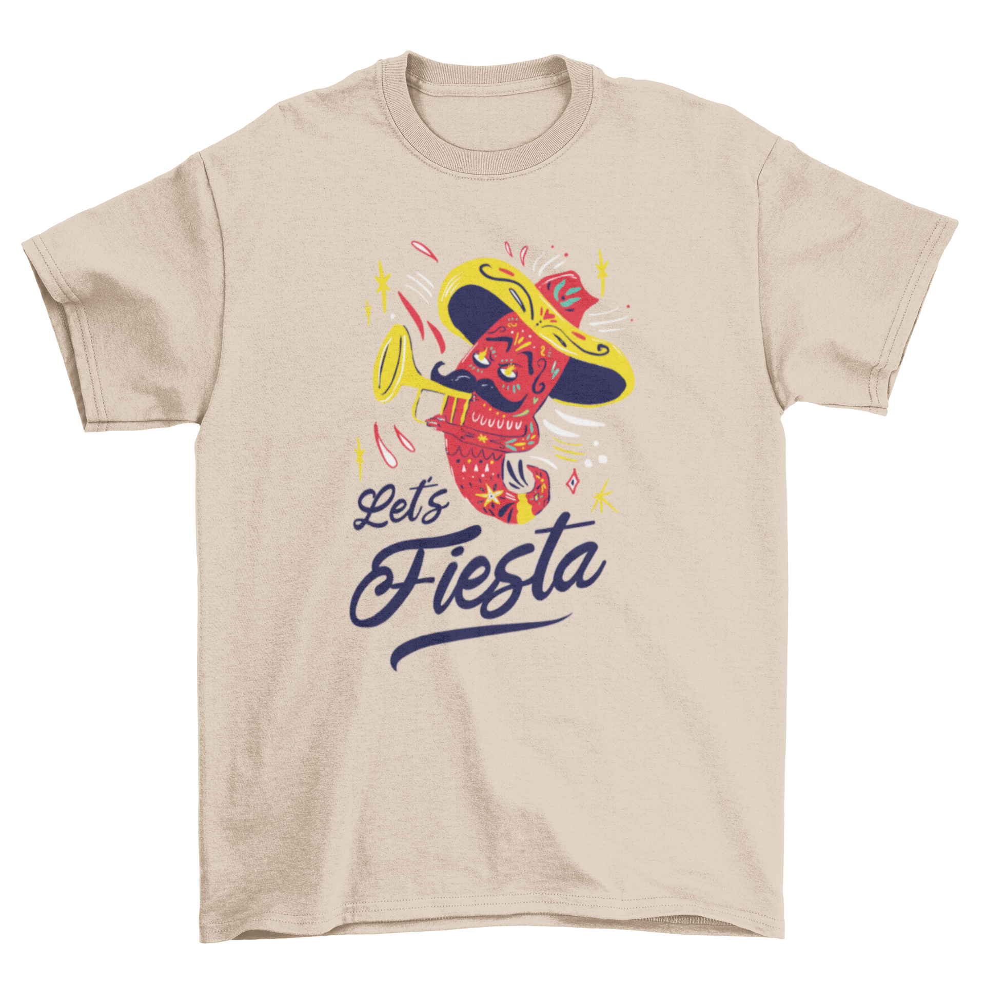 A vibrant t-shirt featuring a chili pepper graphic and the text 'Let's fiesta', perfect for Cinco de Mayo celebrations.