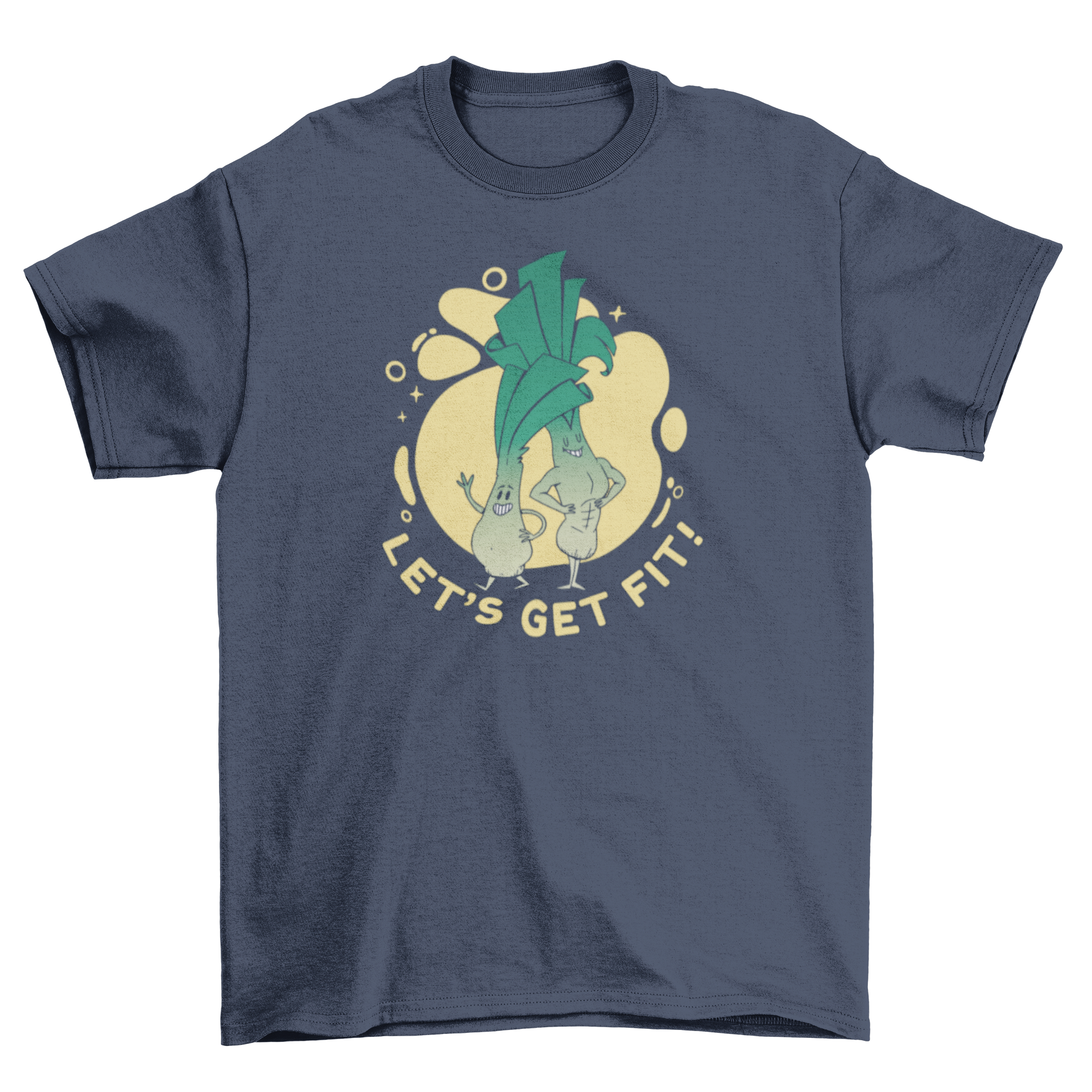 A fun t-shirt featuring leeks characters and the quote 'Let's get fit', perfect for fitness enthusiasts.