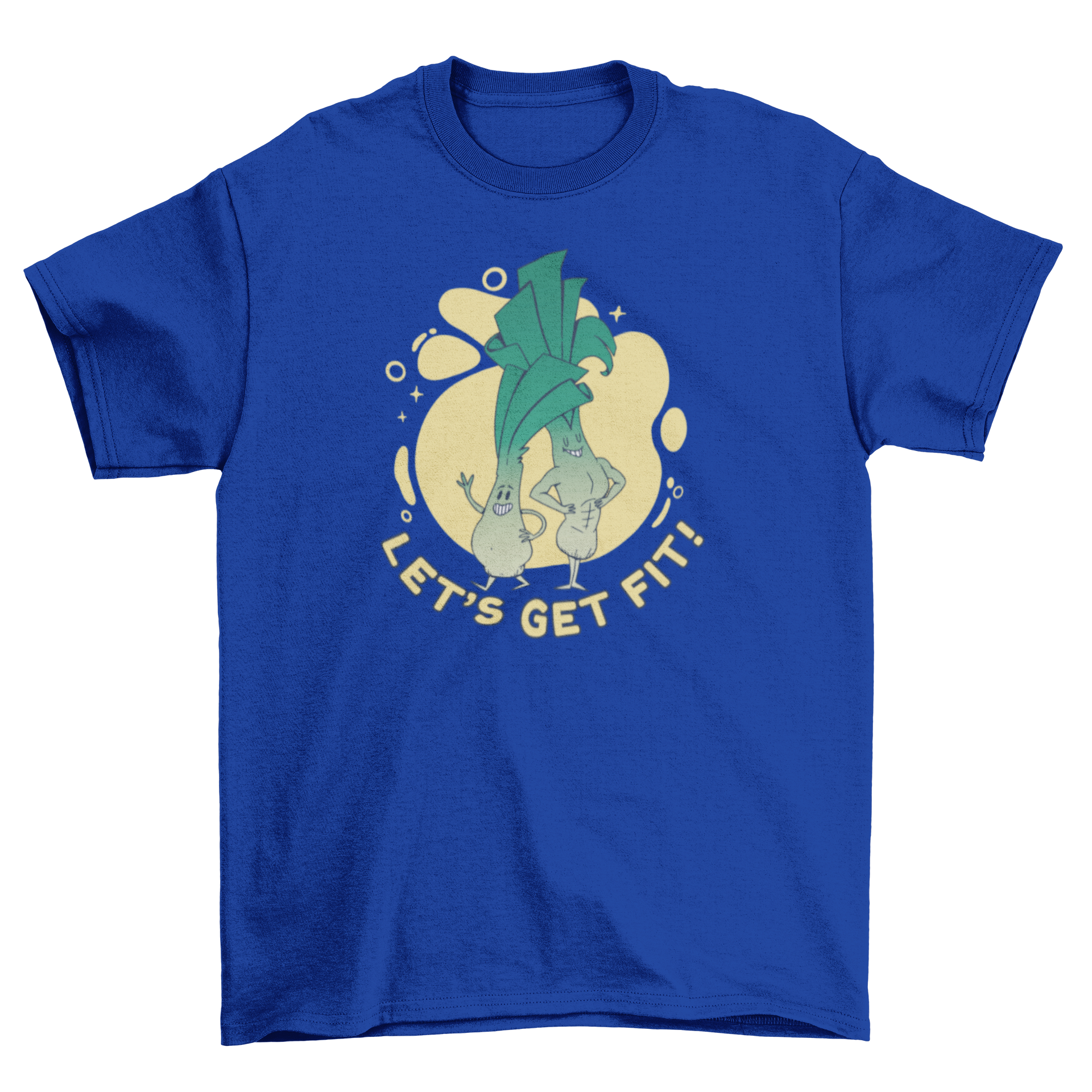 A fun t-shirt featuring leeks characters and the quote 'Let's get fit', perfect for fitness enthusiasts.