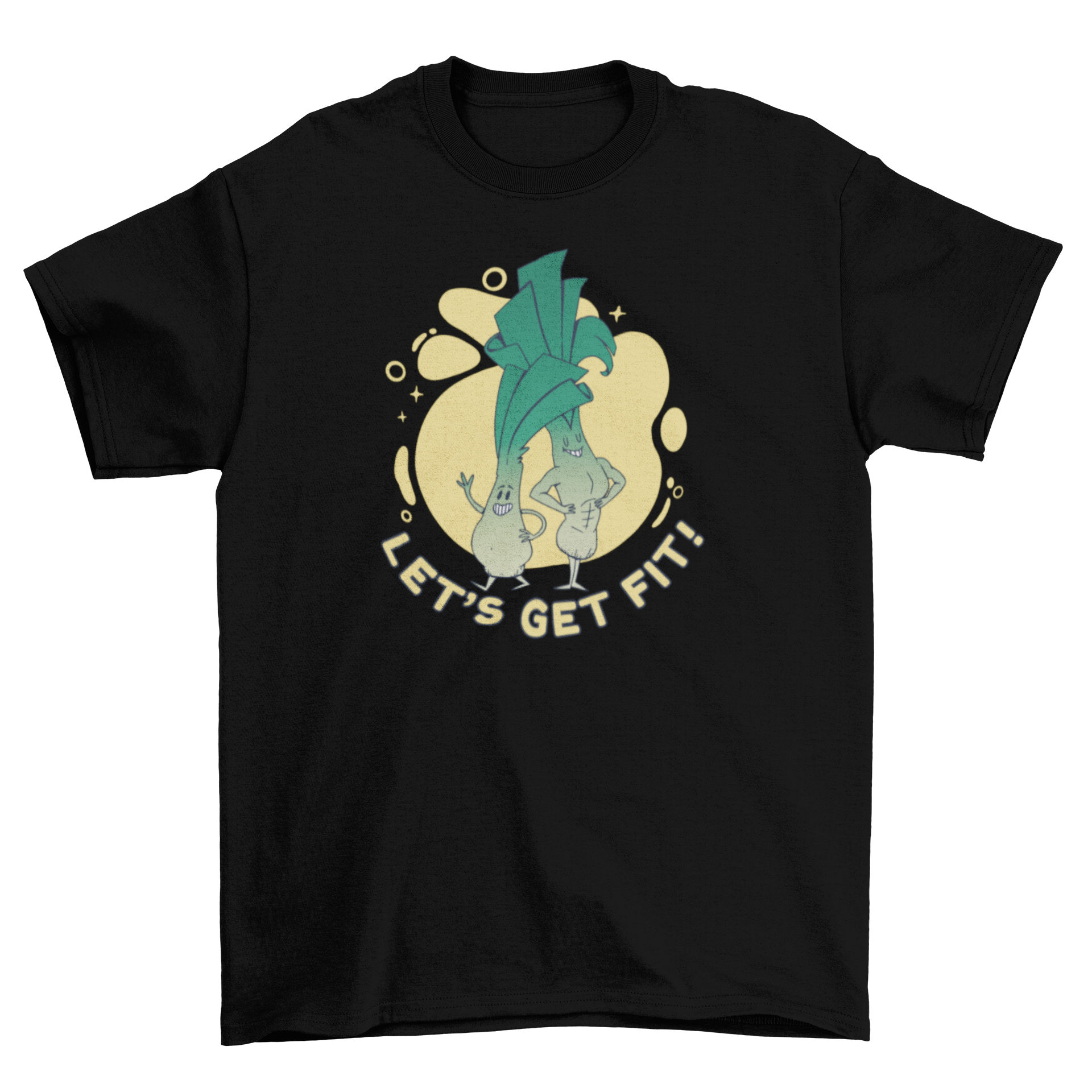 A fun t-shirt featuring leeks characters and the quote 'Let's get fit', perfect for fitness enthusiasts.