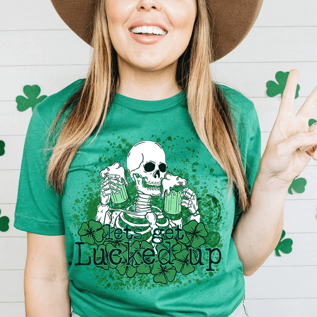 Let's Get Lucked Up Skull T-Shirt featuring a unique skull graphic on a soft cotton fabric.