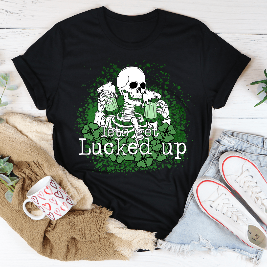 Let's Get Lucked Up Skull T-Shirt featuring a unique skull graphic on a soft cotton fabric.