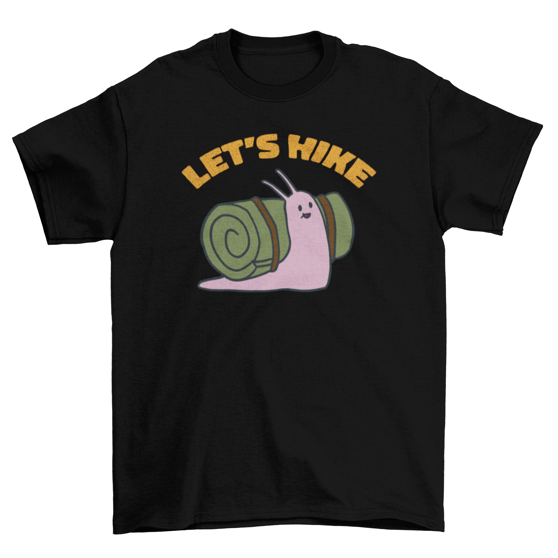 Cute t-shirt featuring an excited snail with a backpack and the phrase 'let's hike', perfect for outdoor enthusiasts.