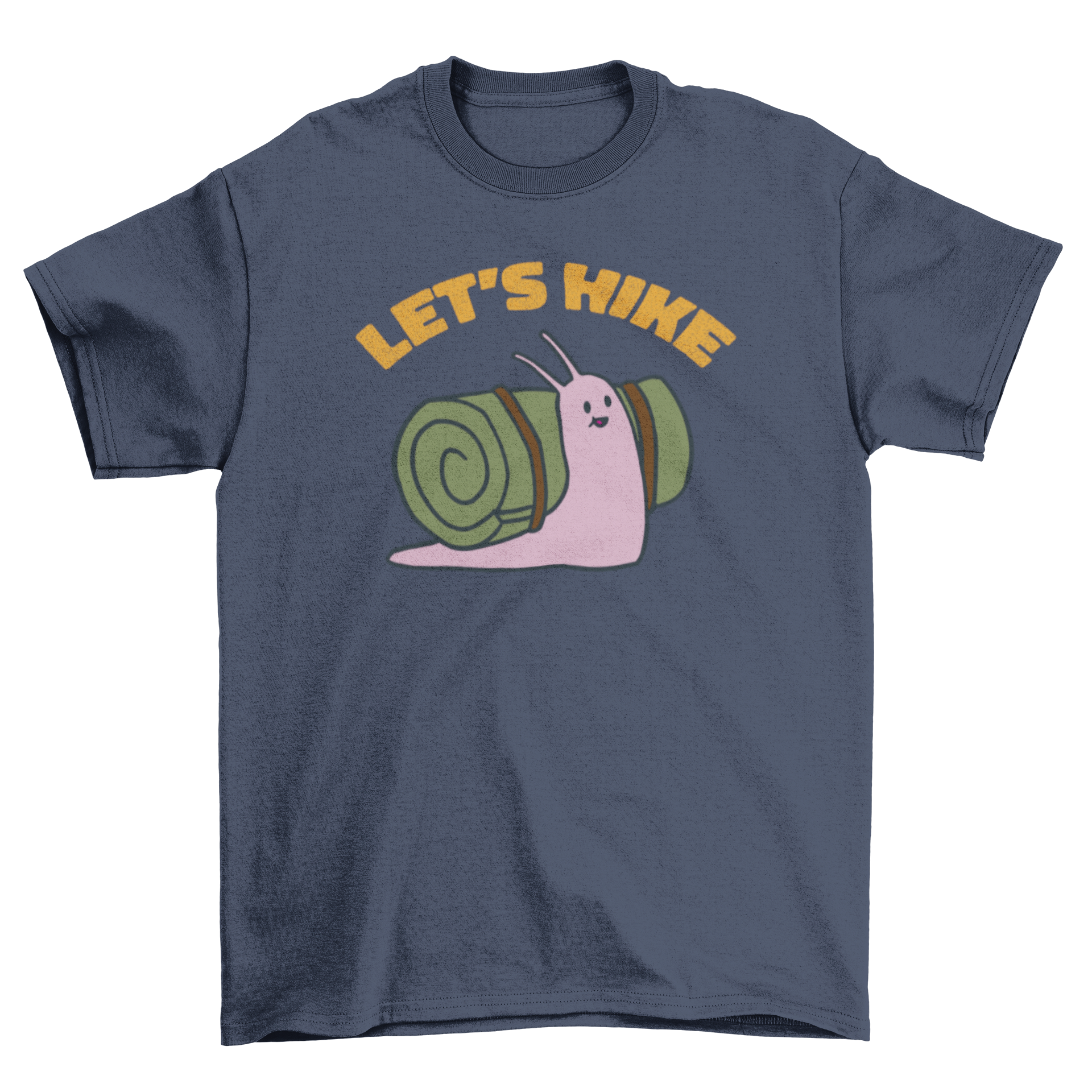 Cute t-shirt featuring an excited snail with a backpack and the phrase 'let's hike', perfect for outdoor enthusiasts.