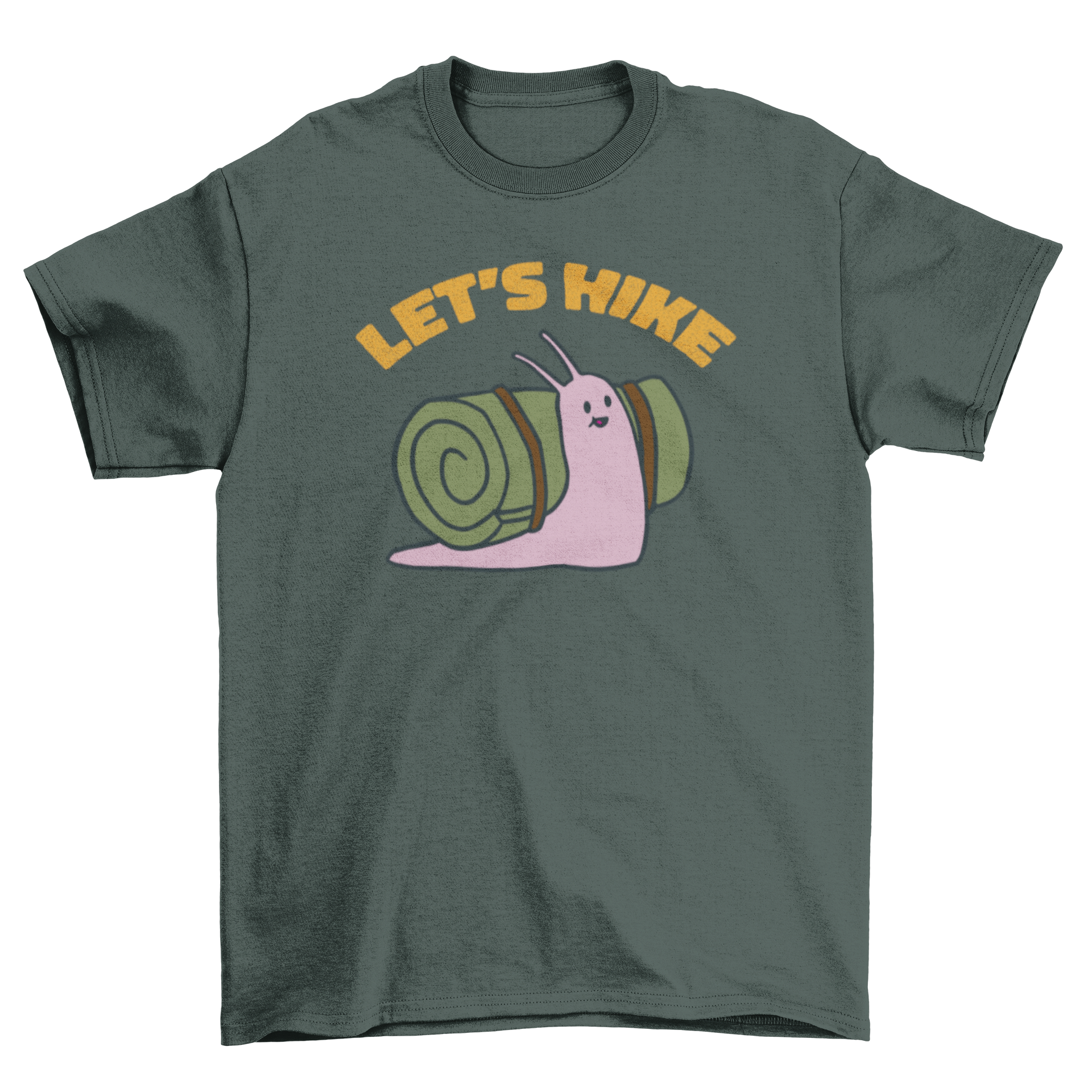 Cute t-shirt featuring an excited snail with a backpack and the phrase 'let's hike', perfect for outdoor enthusiasts.