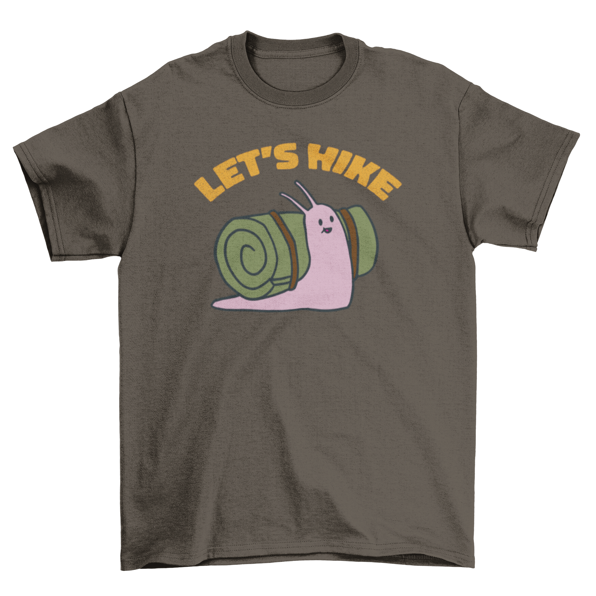 Cute t-shirt featuring an excited snail with a backpack and the phrase 'let's hike', perfect for outdoor enthusiasts.