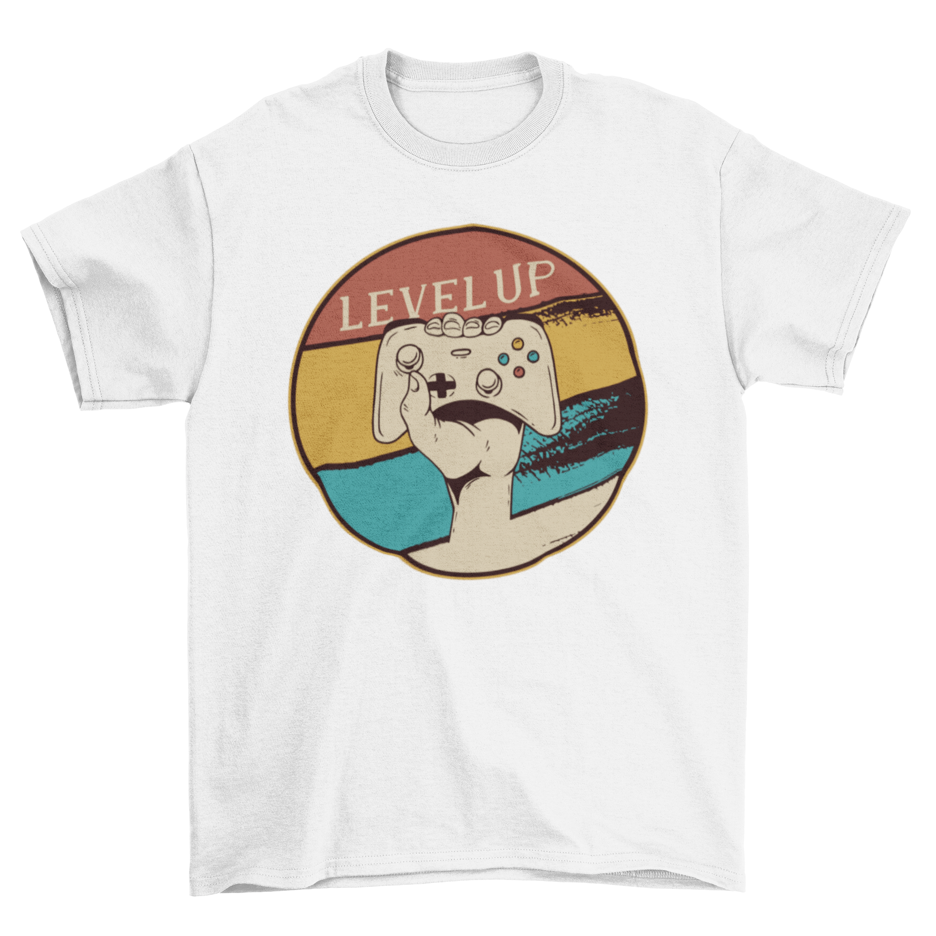 Level Up Vintage Gaming T-shirt featuring a hand holding a controller with retro design and bold text.