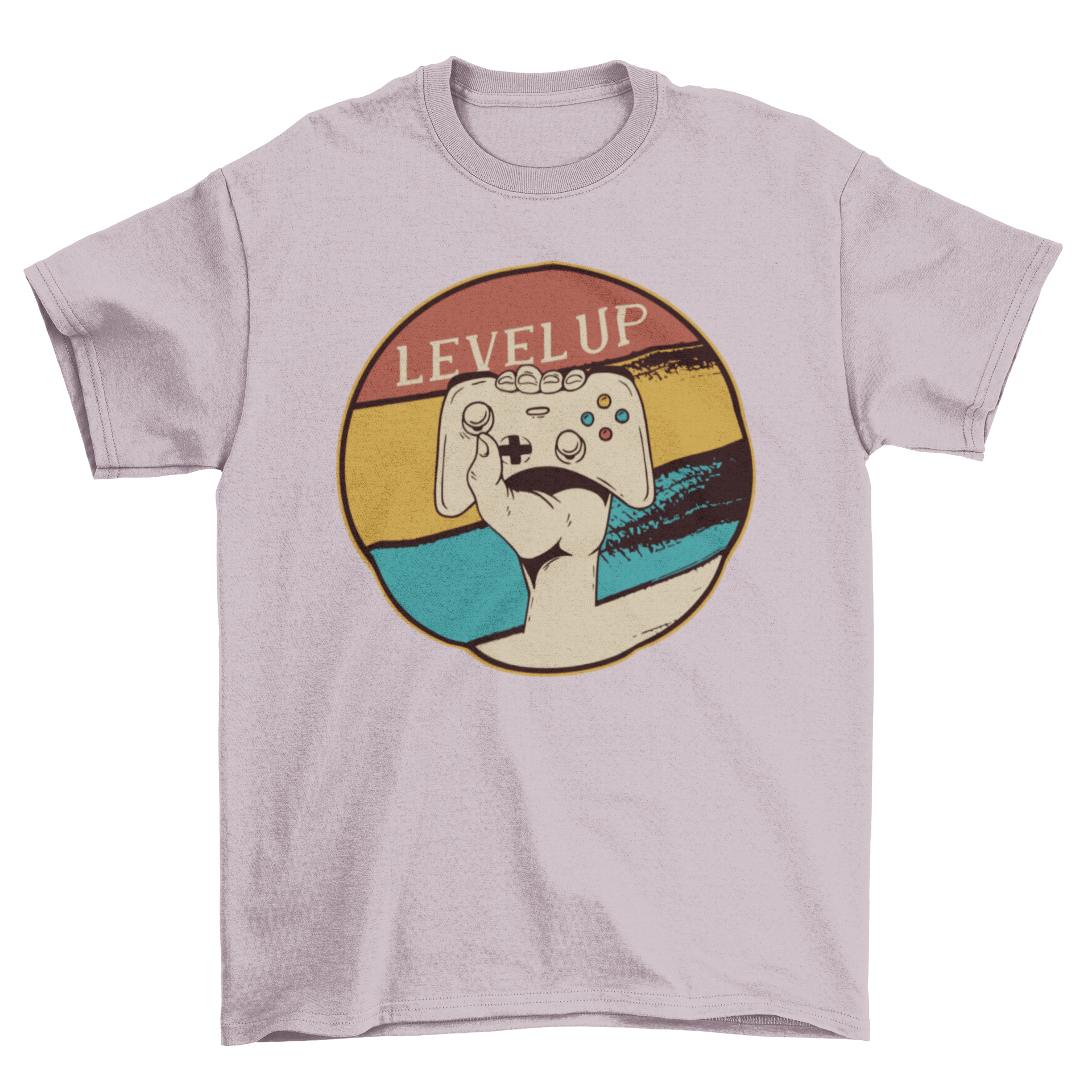 Level Up Vintage Gaming T-shirt featuring a hand holding a controller with retro design and bold text.