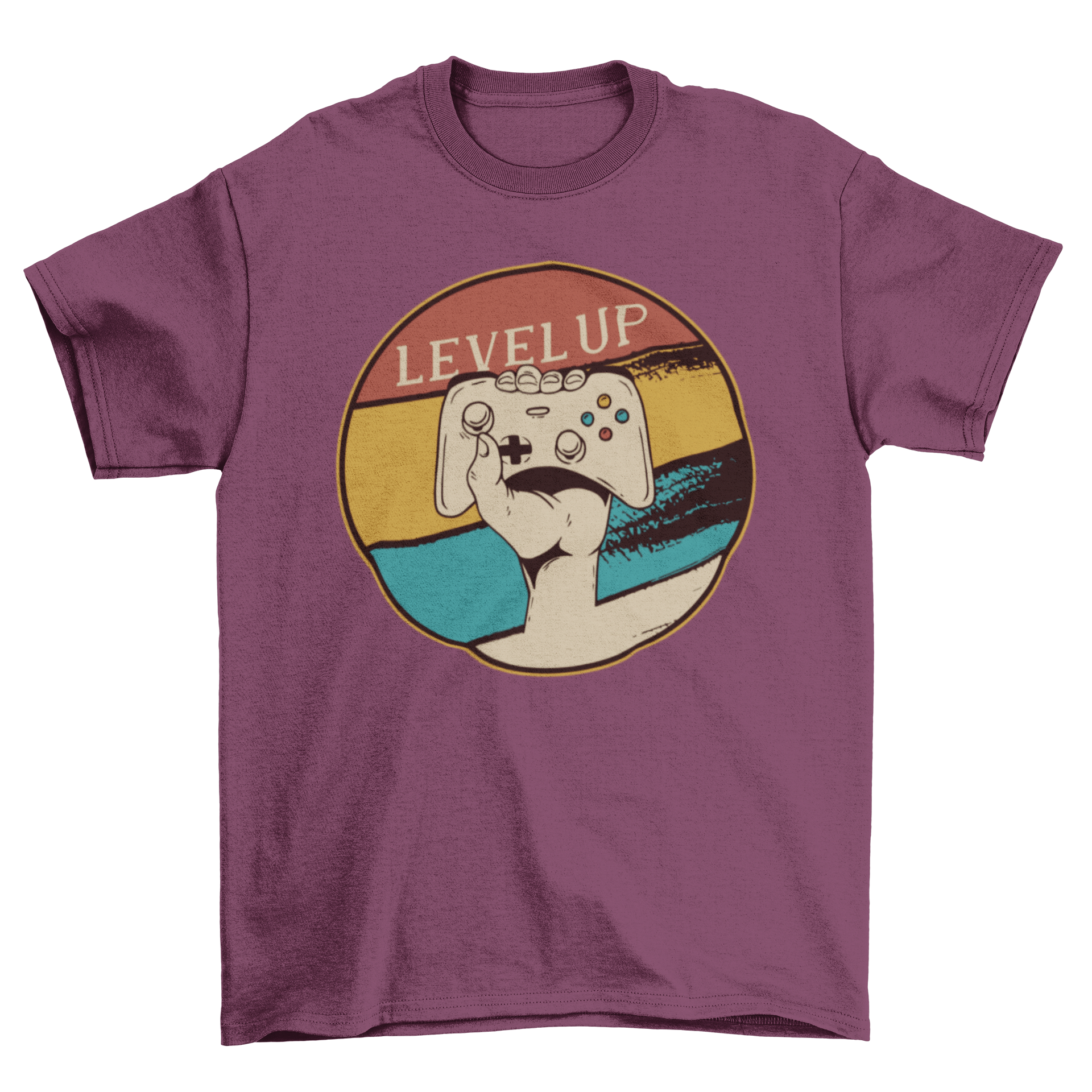 Level Up Vintage Gaming T-shirt featuring a hand holding a controller with retro design and bold text.