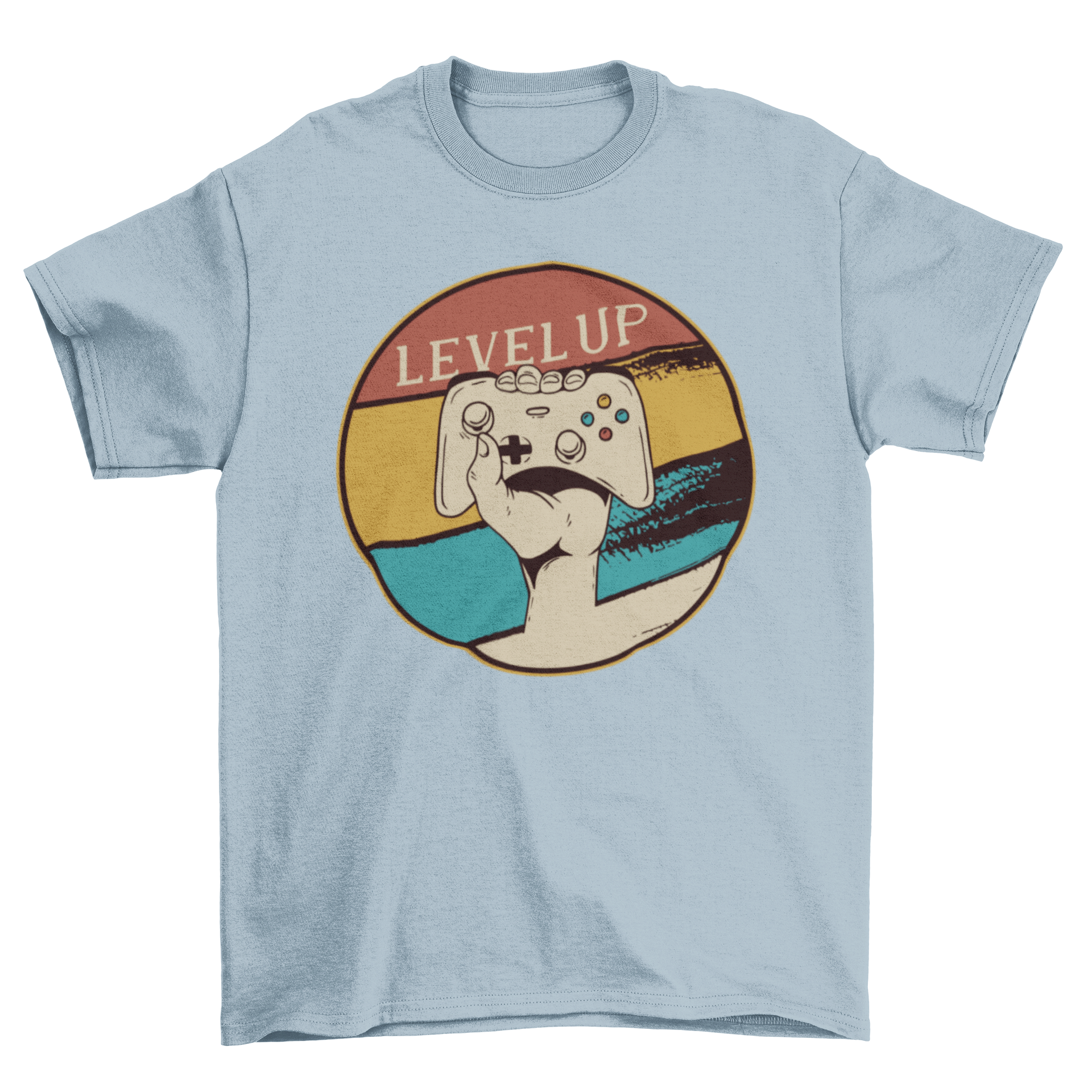 Level Up Vintage Gaming T-shirt featuring a hand holding a controller with retro design and bold text.