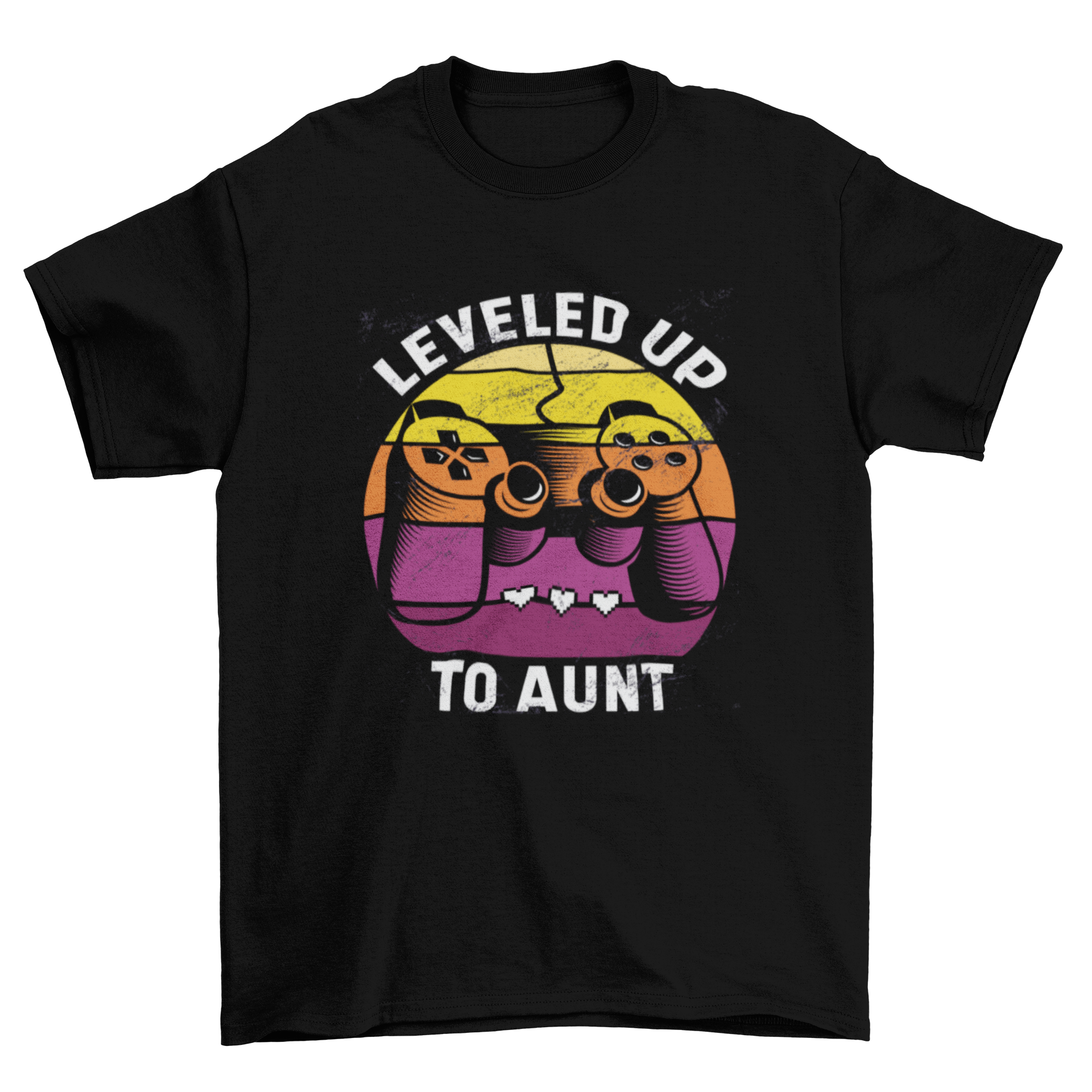 A stylish t-shirt featuring a joystick illustration and the quote 'Leveled up to aunt', perfect for proud aunts.