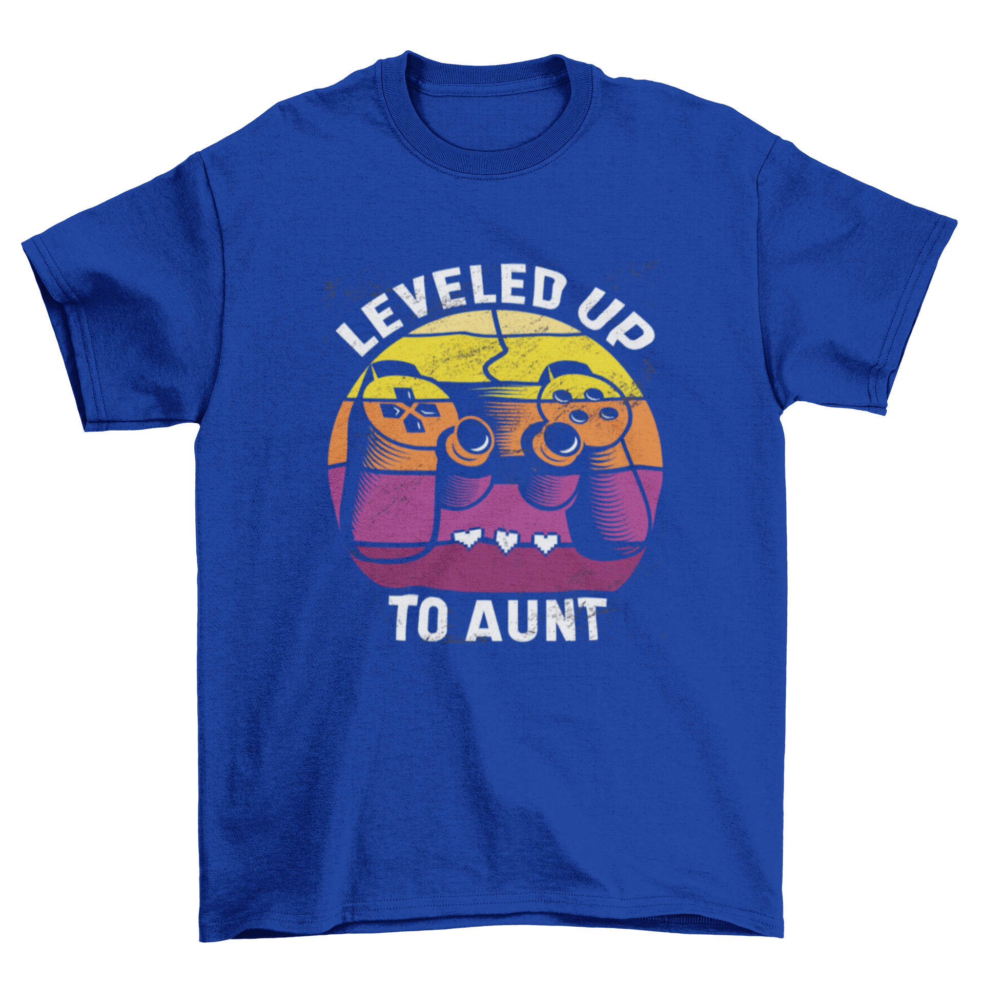 A stylish t-shirt featuring a joystick illustration and the quote 'Leveled up to aunt', perfect for proud aunts.