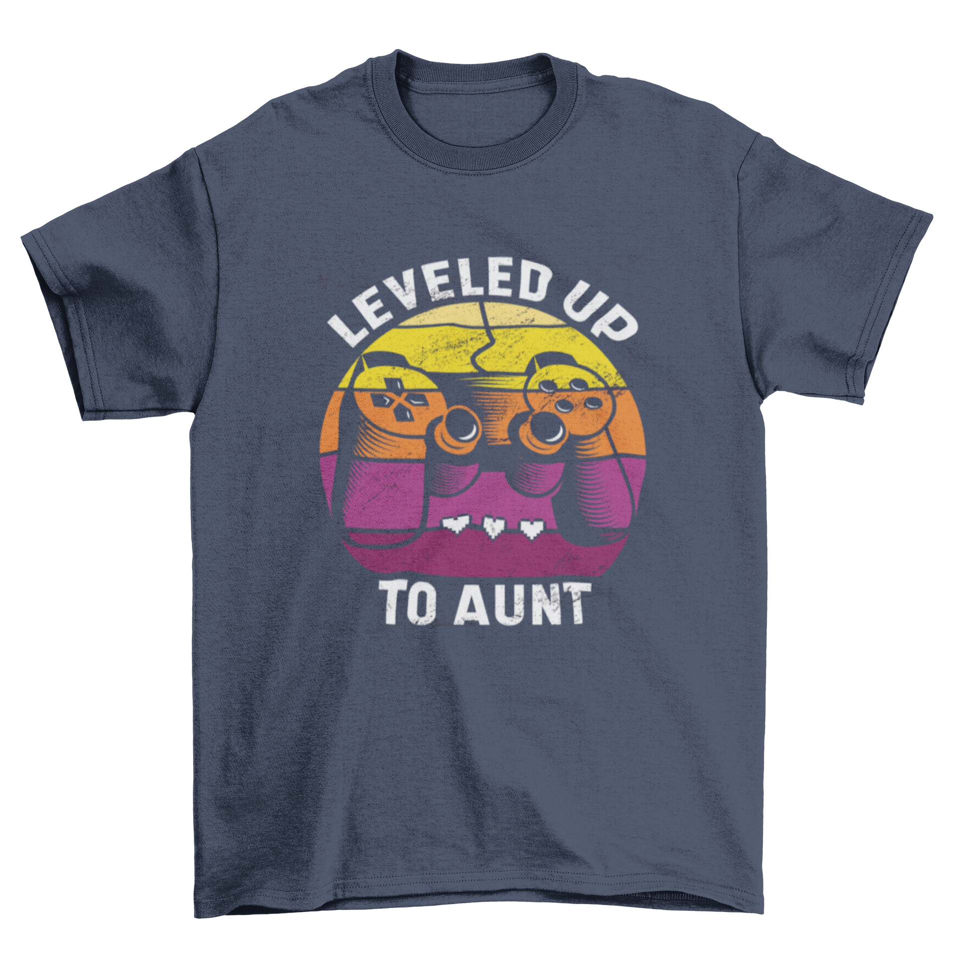 A stylish t-shirt featuring a joystick illustration and the quote 'Leveled up to aunt', perfect for proud aunts.