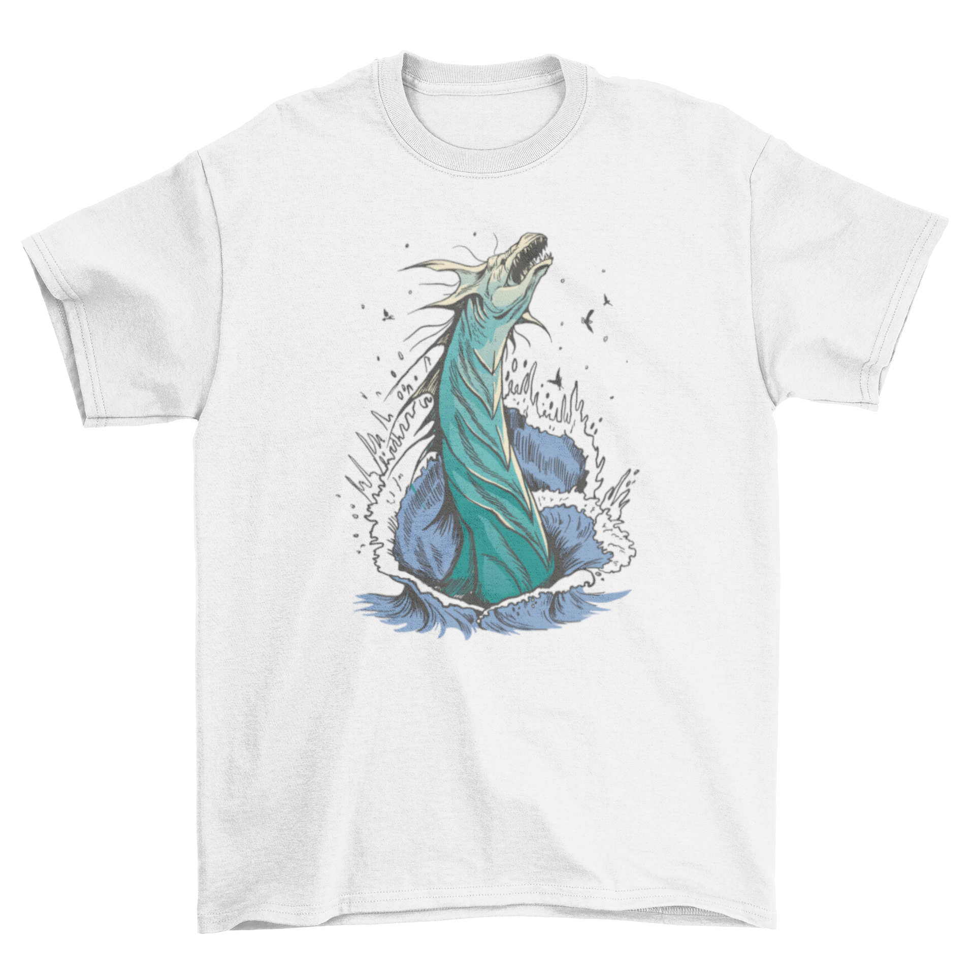 Leviathan sea creature t-shirt featuring a detailed illustration of the mythical sea monster, perfect for ocean enthusiasts.