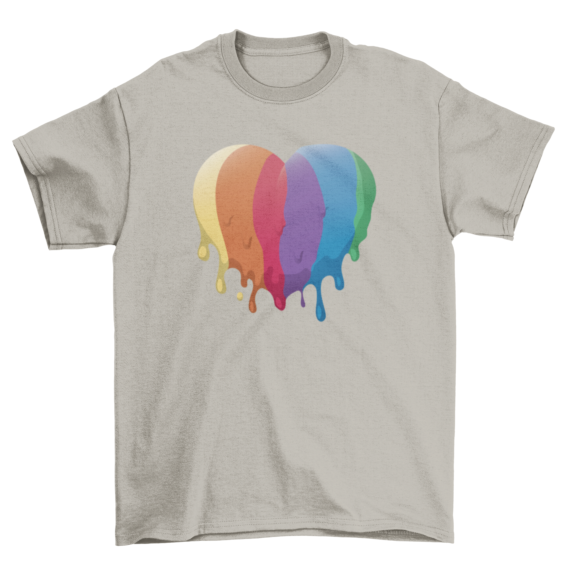 A vibrant LGBT heart t-shirt featuring a semi-flat heart design in rainbow colors, symbolizing love and inclusivity.