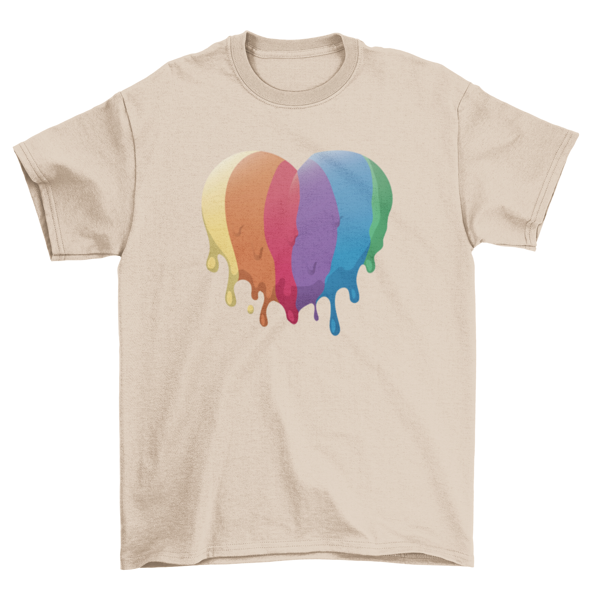 A vibrant LGBT heart t-shirt featuring a semi-flat heart design in rainbow colors, symbolizing love and inclusivity.