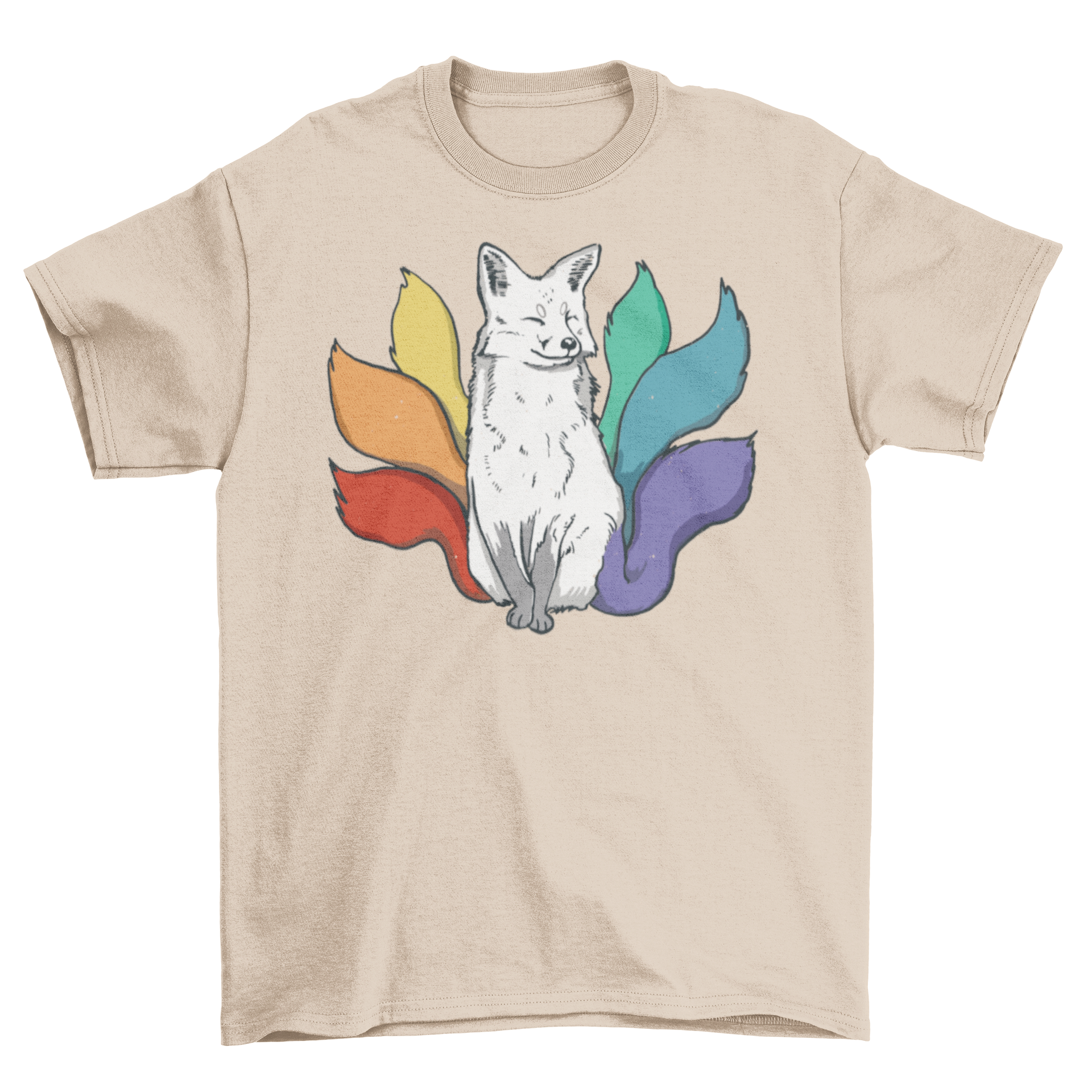 LGBT kitsune Japanese fox t-shirt featuring a colorful rainbow design with six tails.