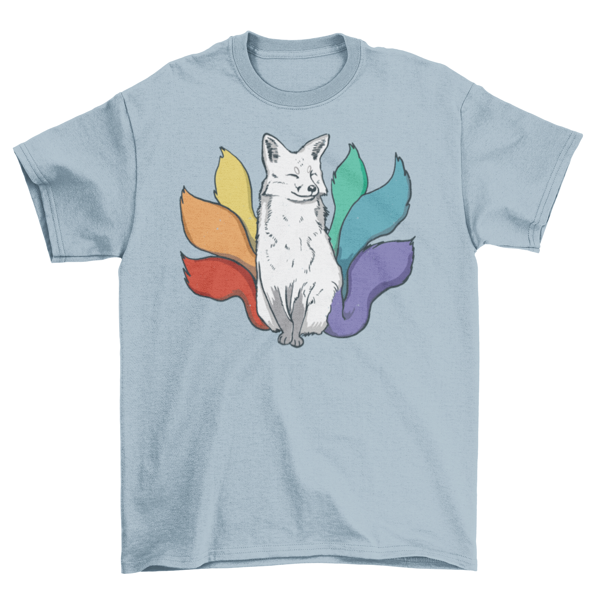 LGBT kitsune Japanese fox t-shirt featuring a colorful rainbow design with six tails.