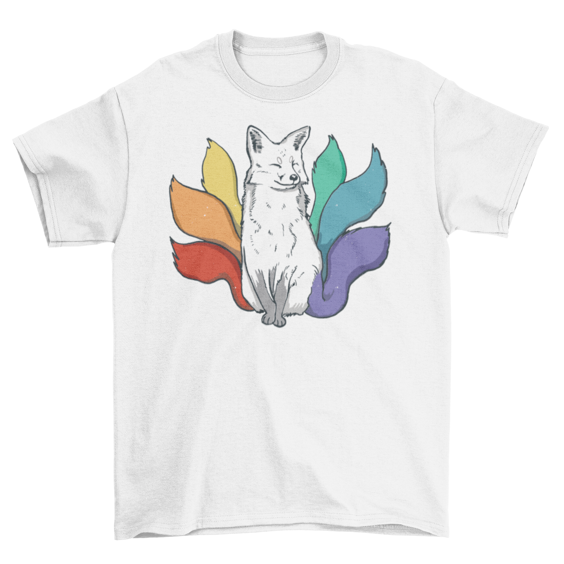 LGBT kitsune Japanese fox t-shirt featuring a colorful rainbow design with six tails.