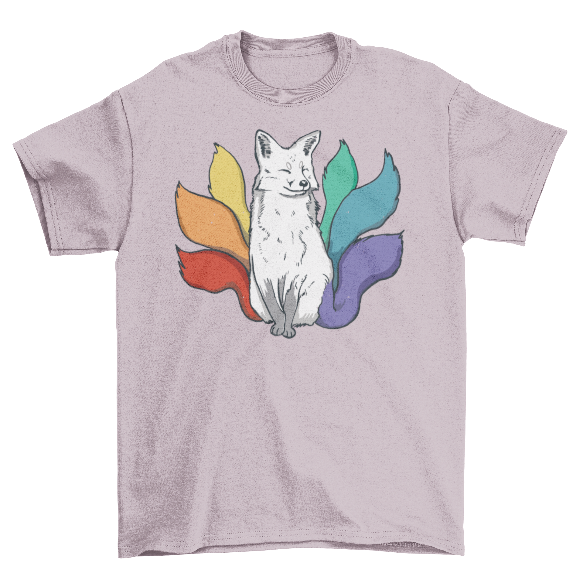 LGBT kitsune Japanese fox t-shirt featuring a colorful rainbow design with six tails.