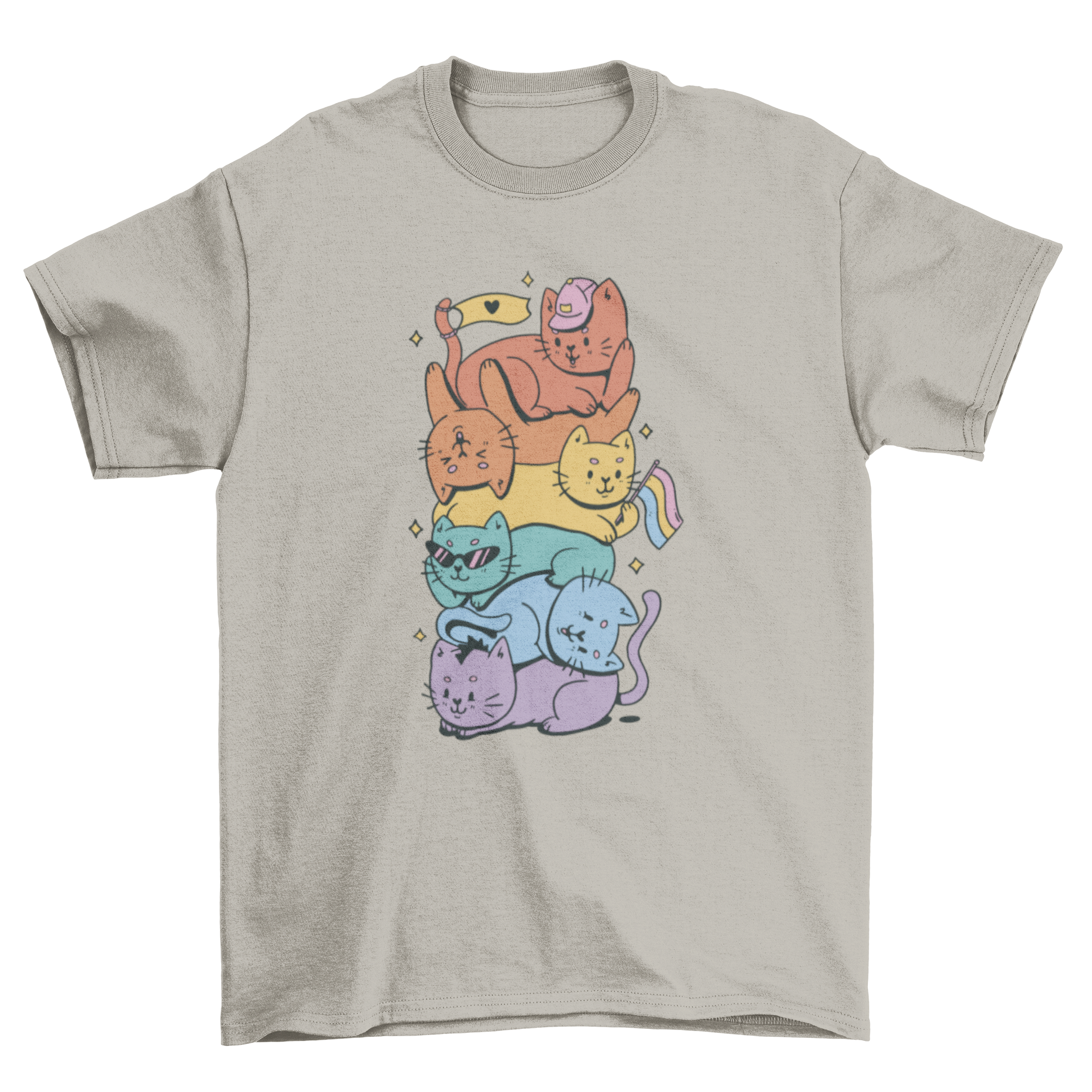 LGBTQ cats cartoon t-shirt featuring colorful cats in pride colors stacked together.