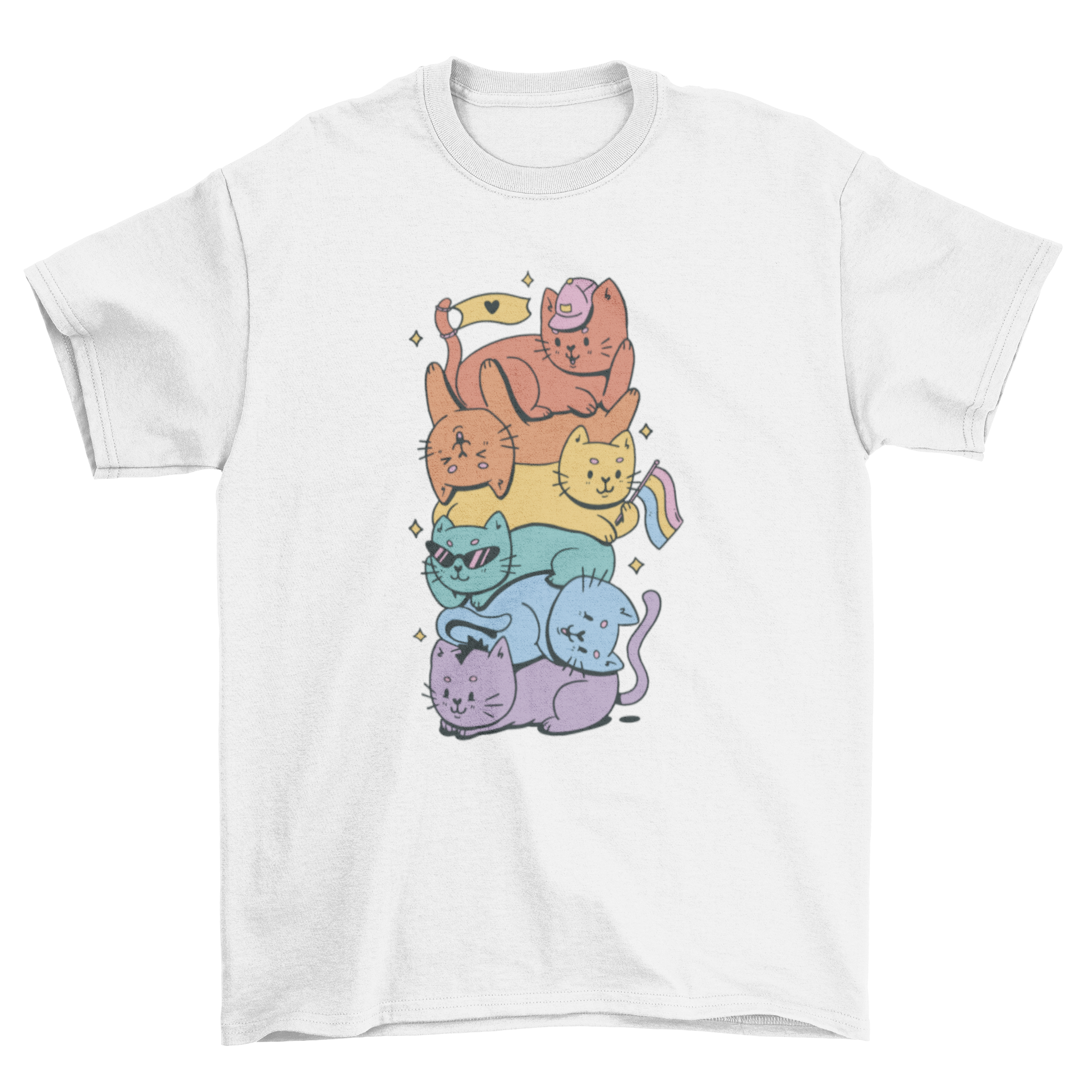 LGBTQ cats cartoon t-shirt featuring colorful cats in pride colors stacked together.