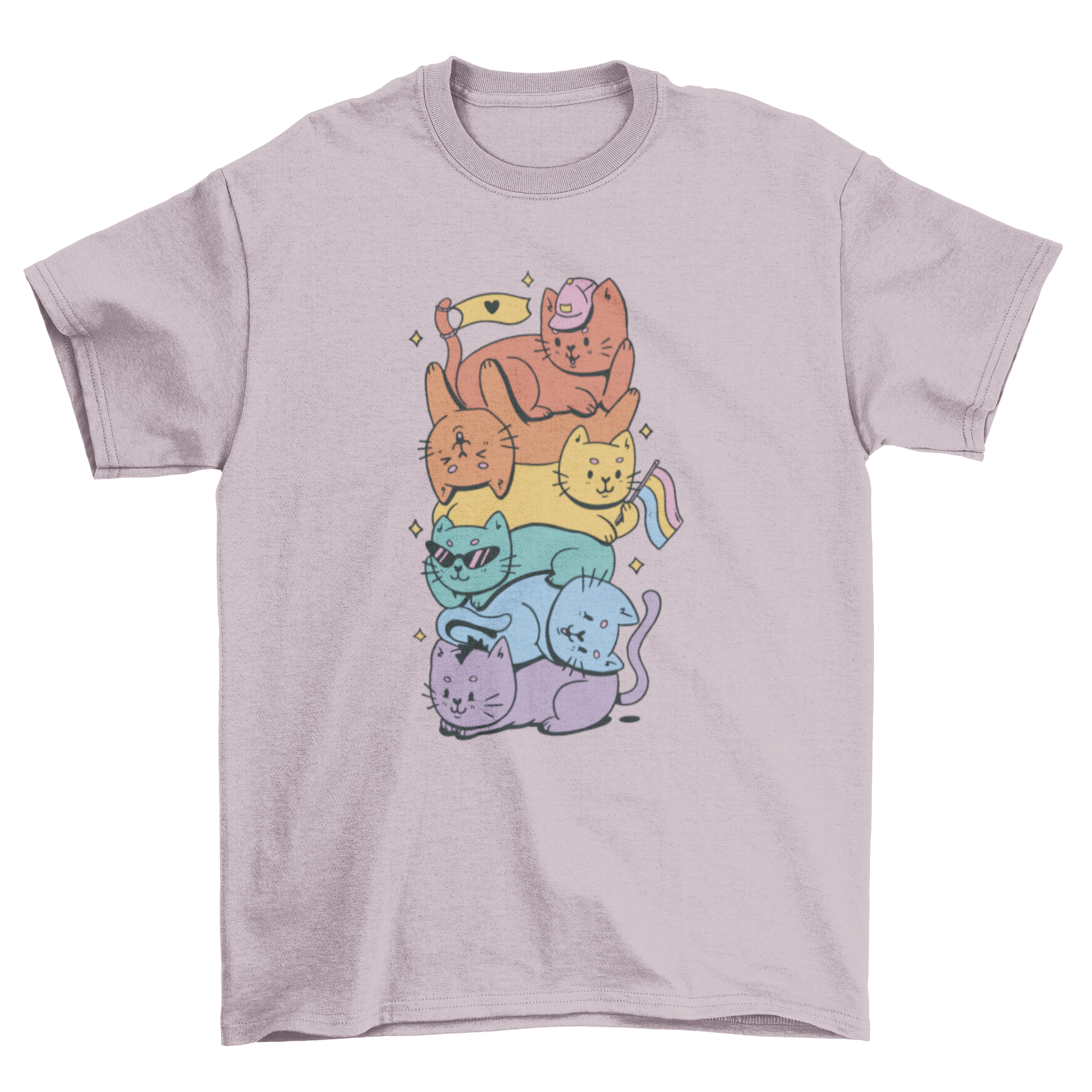 LGBTQ cats cartoon t-shirt featuring colorful cats in pride colors stacked together.