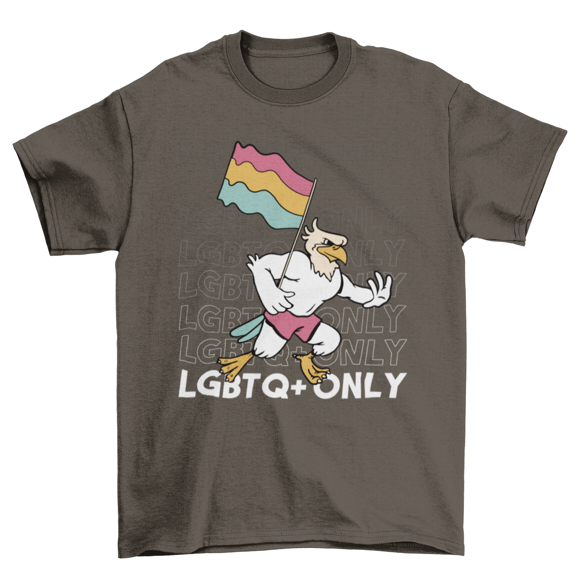 LGBTQ pride eagle t-shirt featuring a colorful eagle design and pride flag with the quote 'LGBTQ only'.