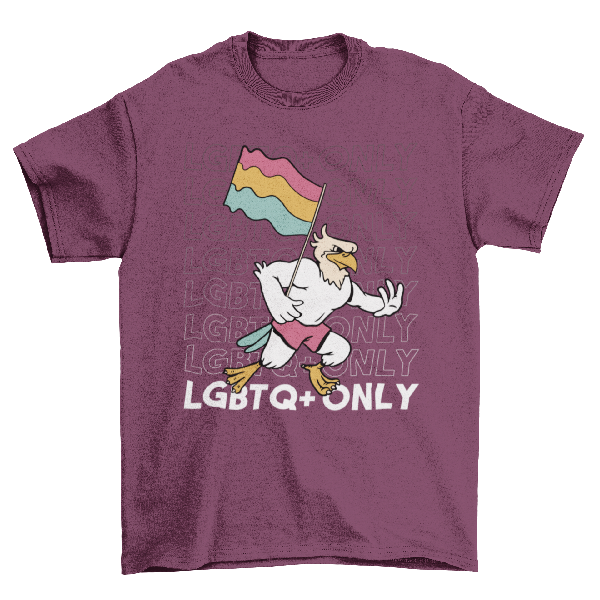 LGBTQ pride eagle t-shirt featuring a colorful eagle design and pride flag with the quote 'LGBTQ only'.