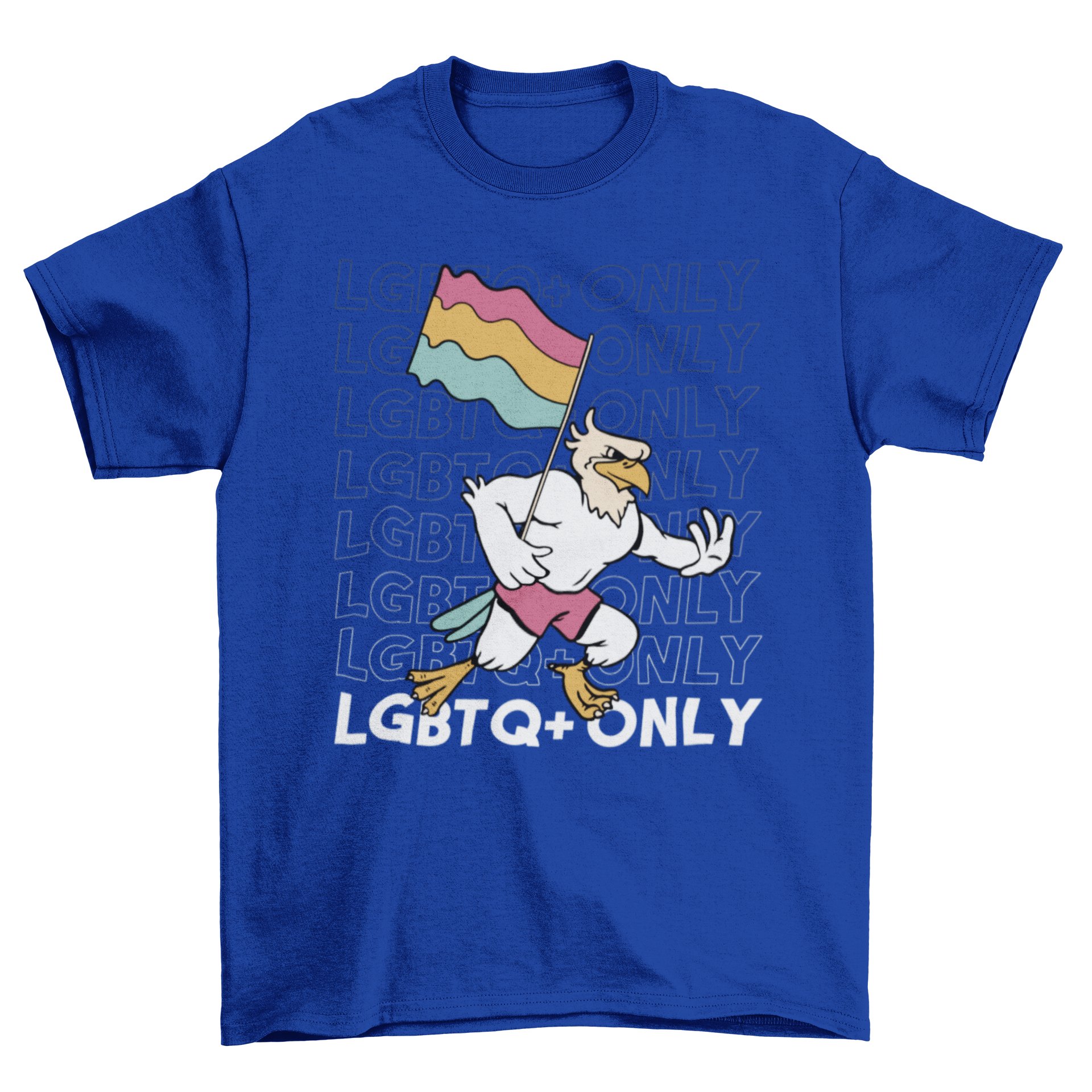 LGBTQ pride eagle t-shirt featuring a colorful eagle design and pride flag with the quote 'LGBTQ only'.