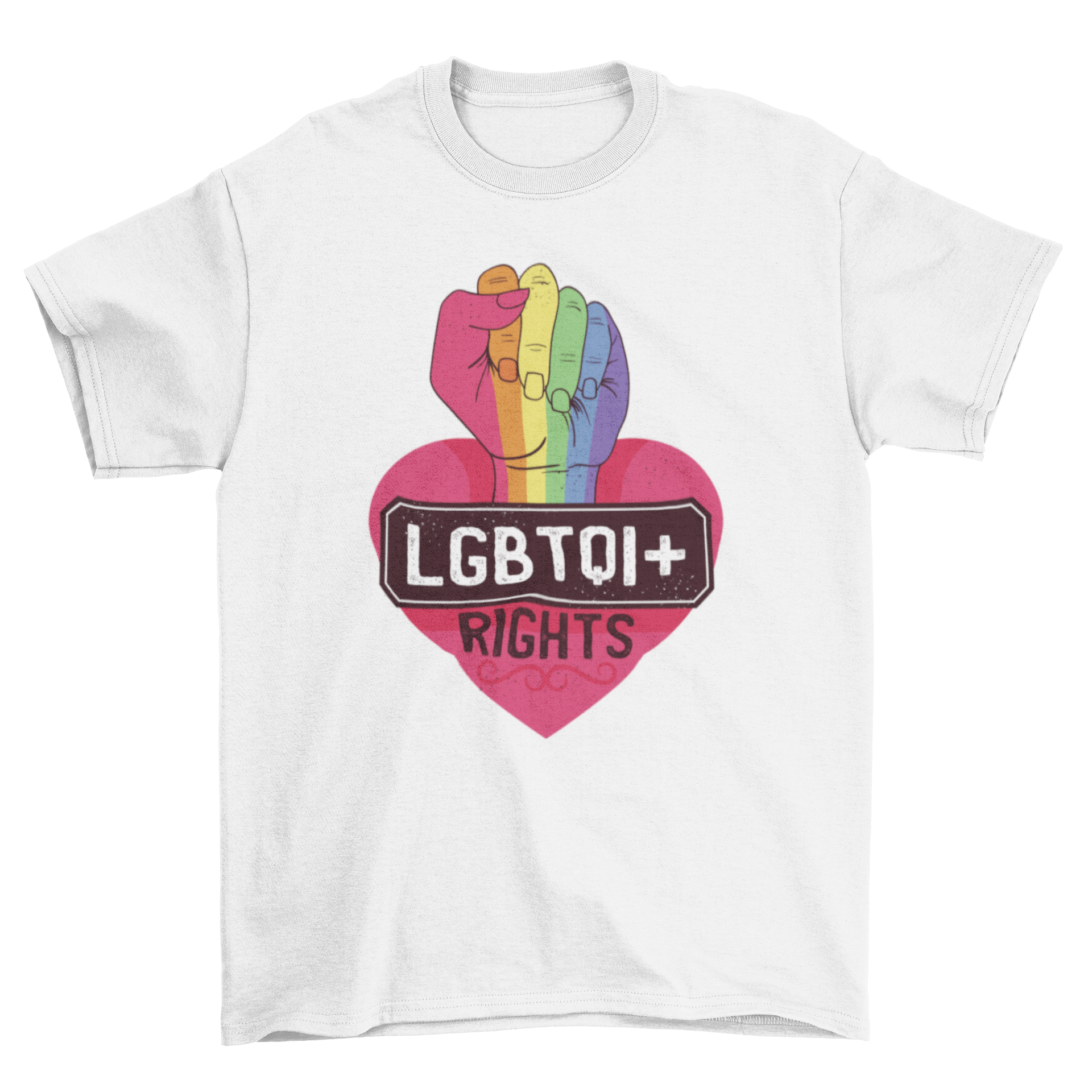 LGBTQI rights t-shirt featuring a rainbow fist and pink heart design, symbolizing pride and equality.