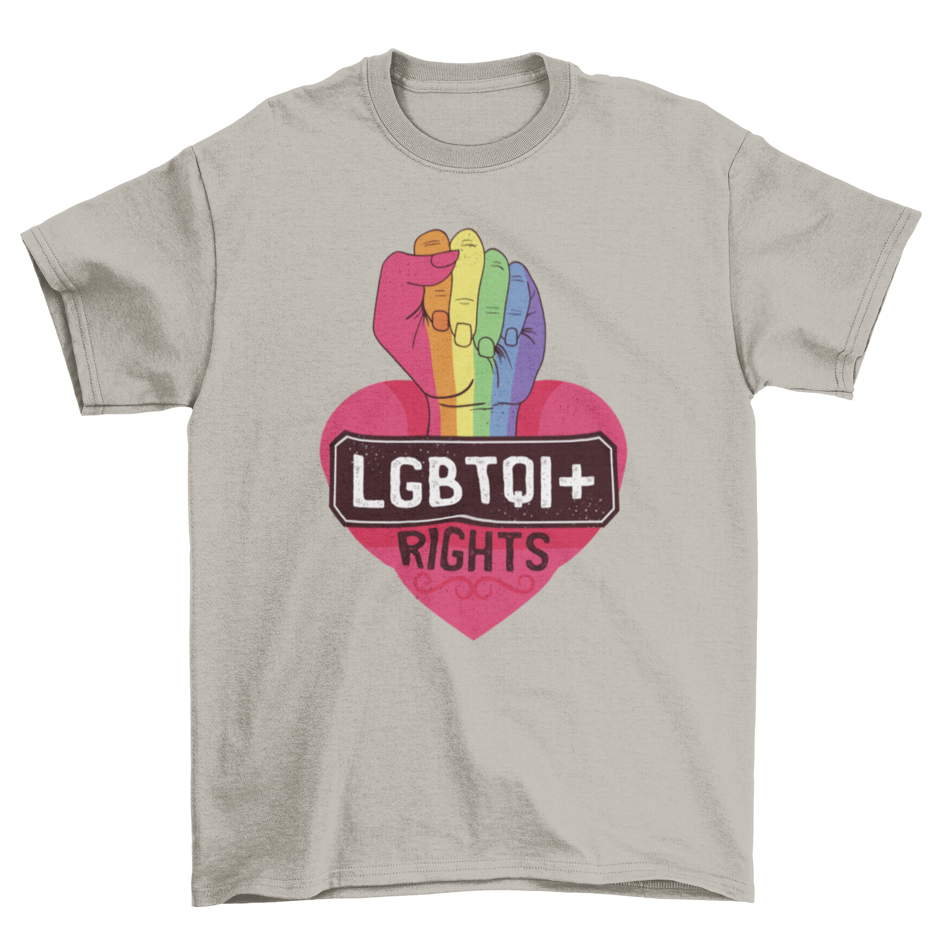 LGBTQI rights t-shirt featuring a rainbow fist and pink heart design, symbolizing pride and equality.